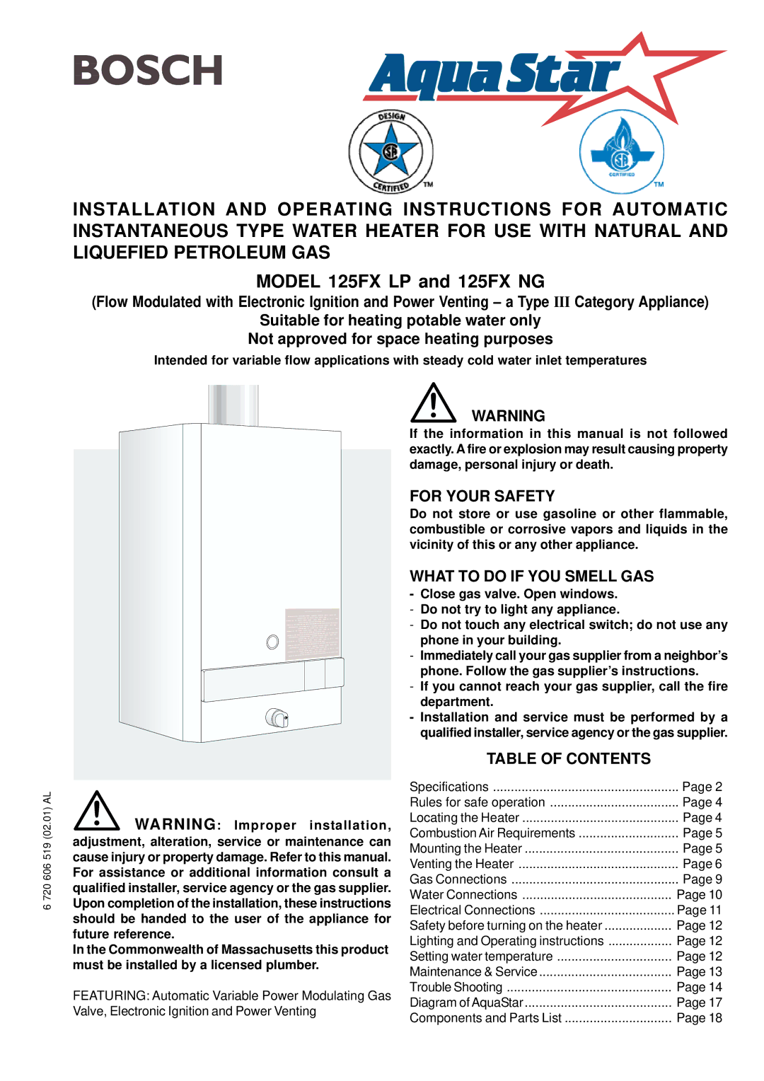 Bosch Appliances 125FX NG, 125FX LP specifications For Your Safety, What to do if YOU Smell GAS, Table of Contents 