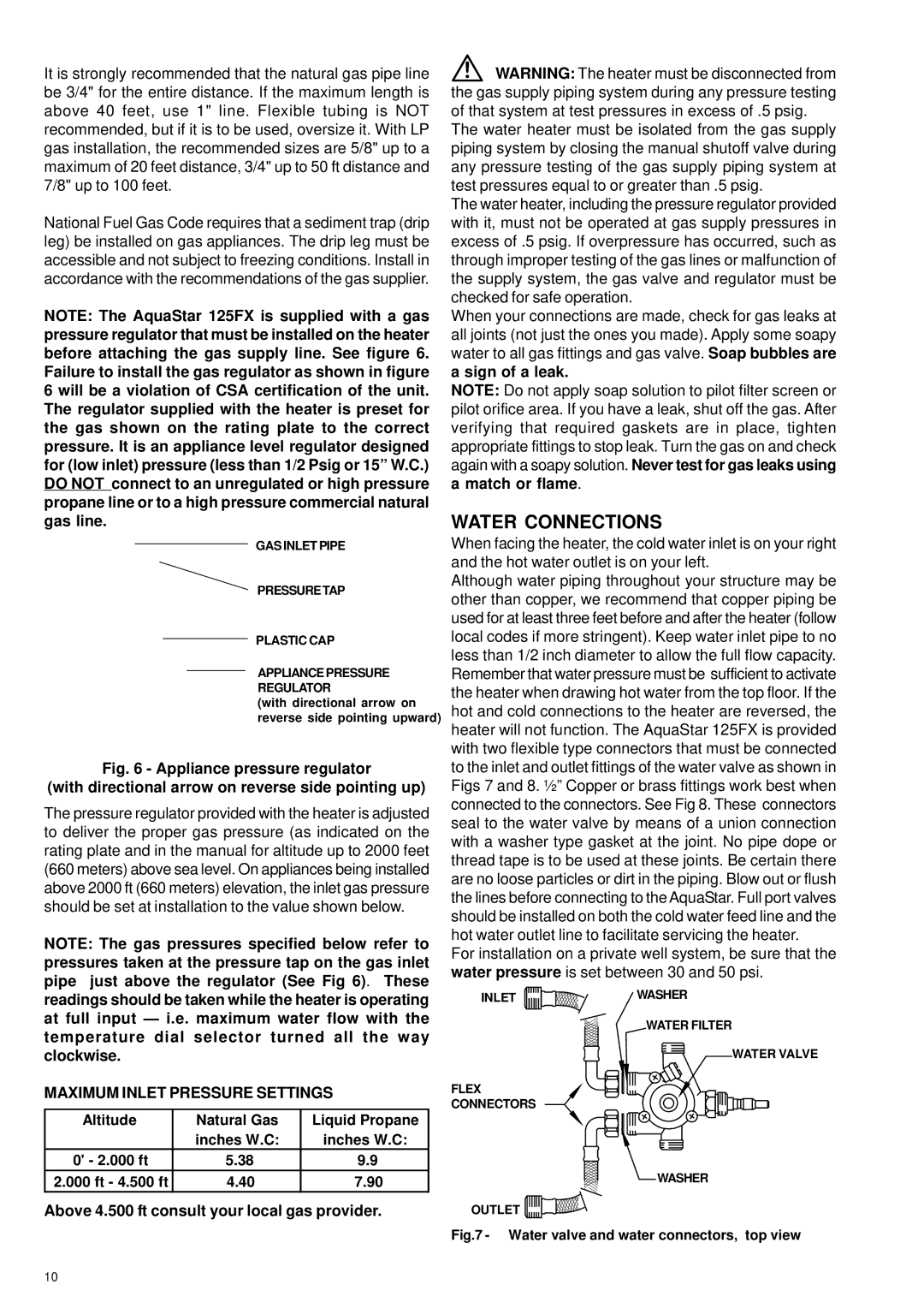 Bosch Appliances 125FX LP Water Connections, Maximum Inlet Pressure Settings, Altitude Natural Gas Liquid Propane 