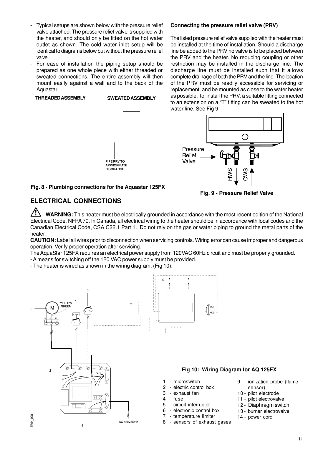 Bosch Appliances 125FX NG Electrical Connections, Connecting the pressure relief valve PRV, Wiring Diagram for AQ 125FX 