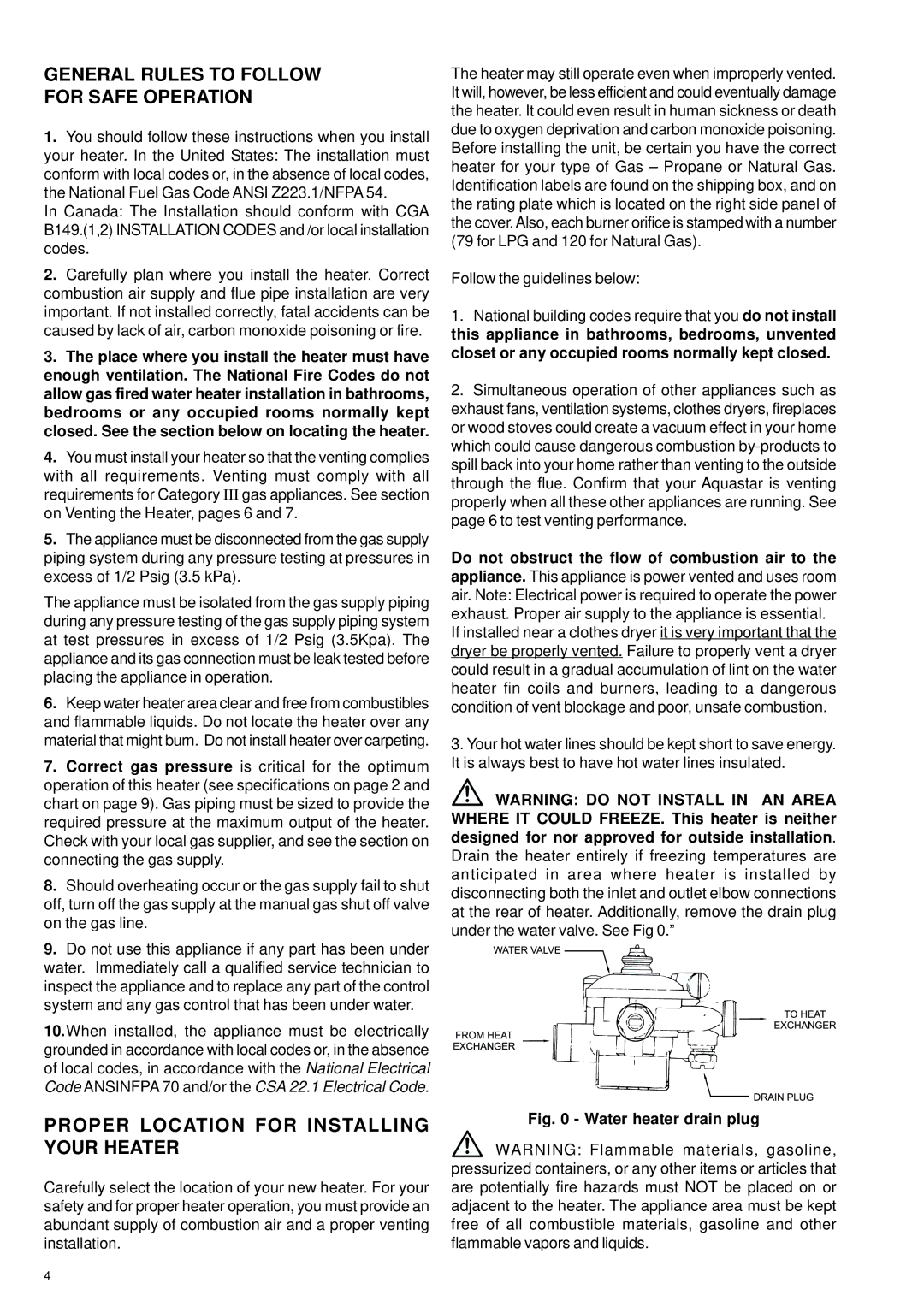 Bosch Appliances 125FX LP, 125FX NG General Rules to Follow For Safe Operation, Proper Location for Installing Your Heater 