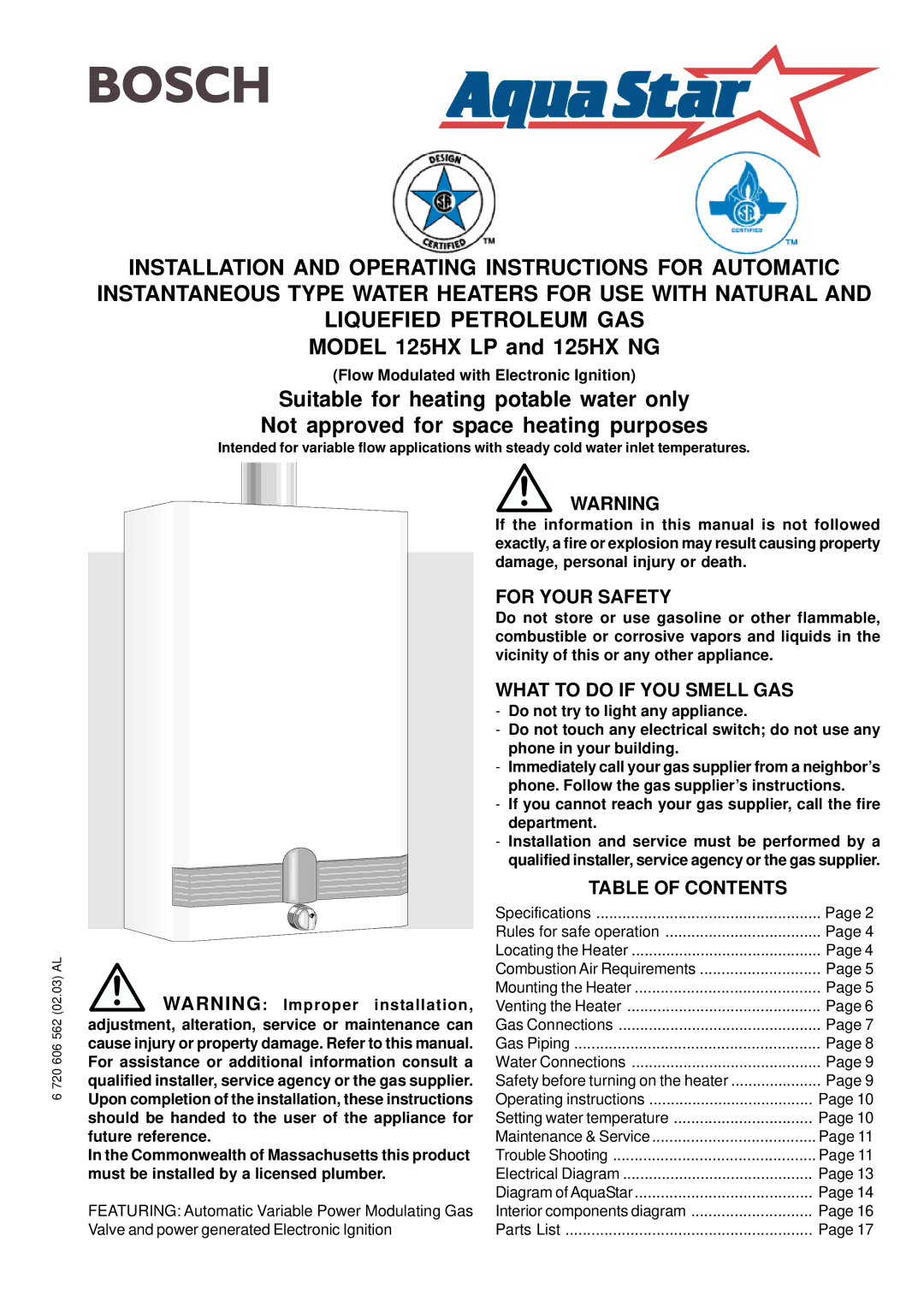 Bosch Appliances 125HX LP specifications For Your Safety, What to do if YOU Smell GAS, Table of Contents 