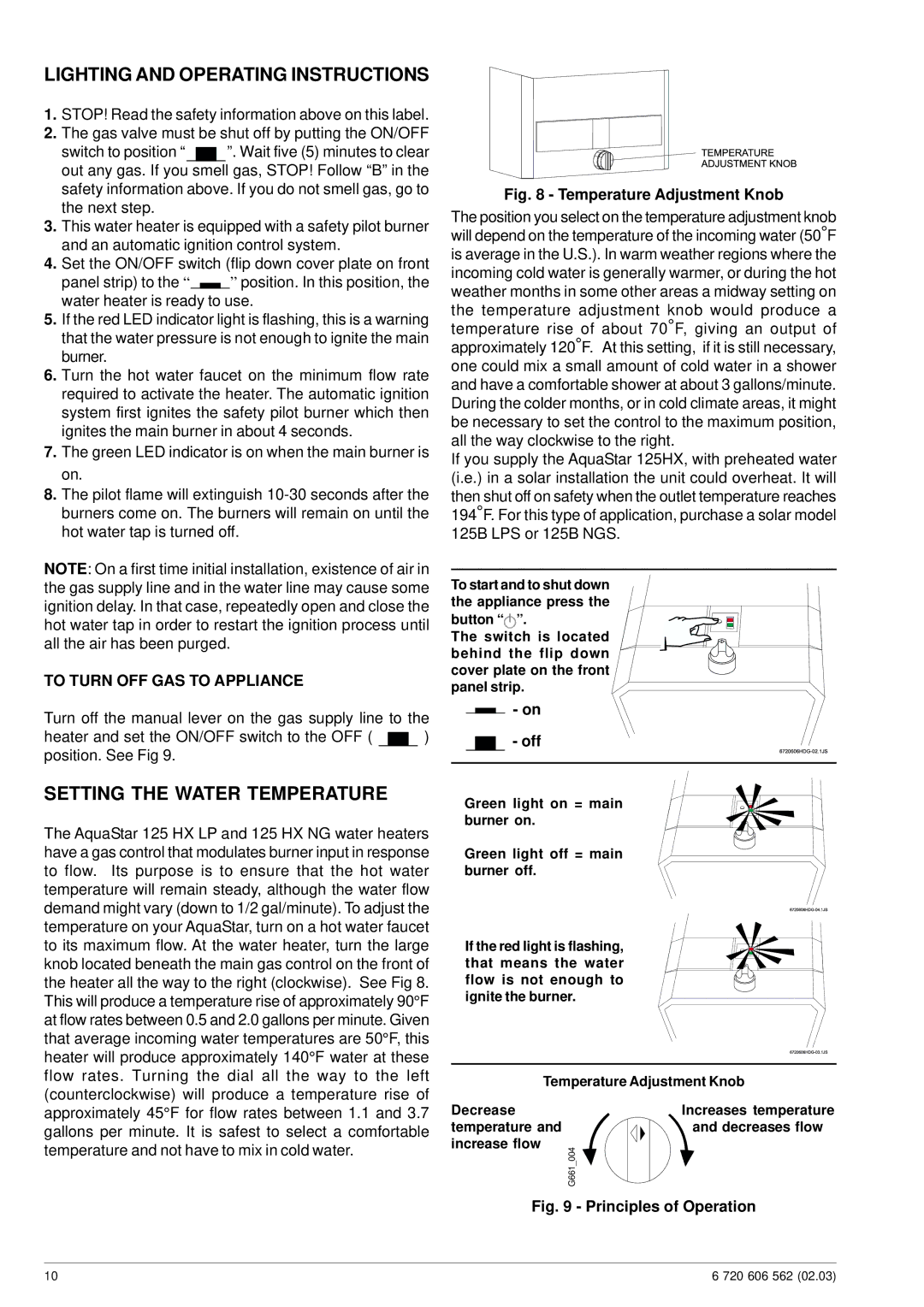 Bosch Appliances 125HX LP Lighting and Operating Instructions, Setting the Water Temperature, To Turn OFF GAS to Appliance 