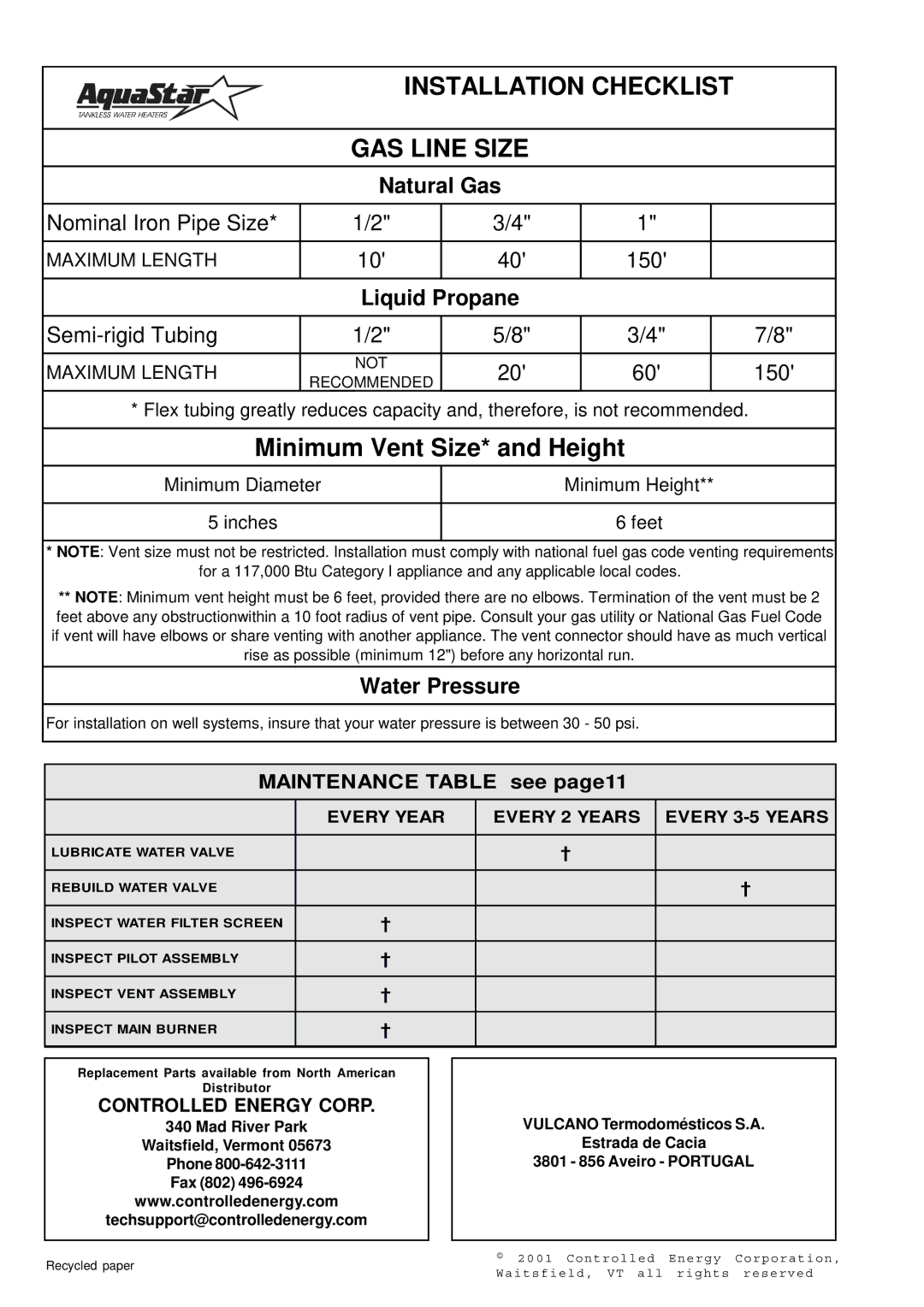 Bosch Appliances 125HX LP specifications Installation Checklist GAS Line Size, Controlled Energy Corp 