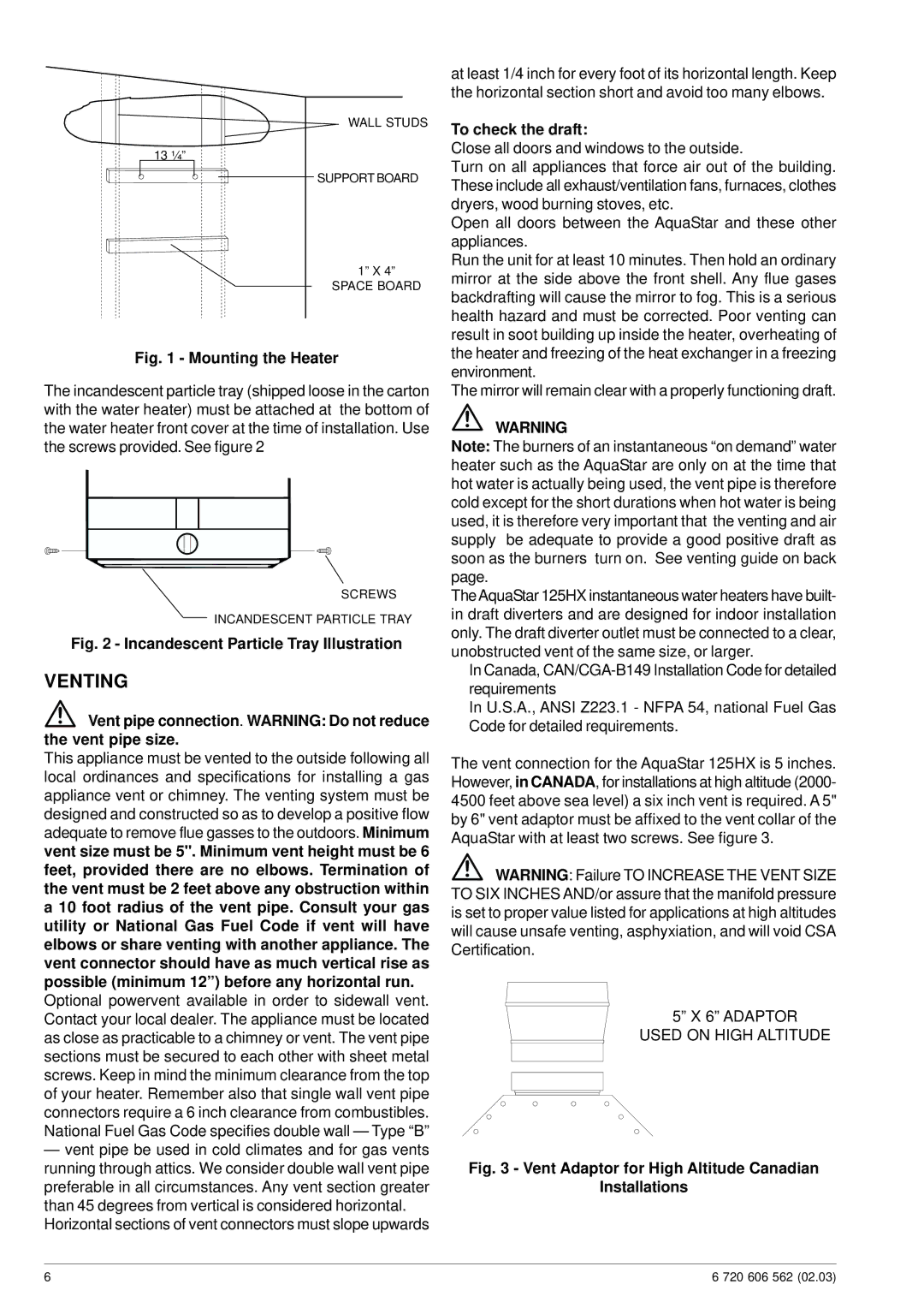 Bosch Appliances 125HX LP specifications Venting, To check the draft 