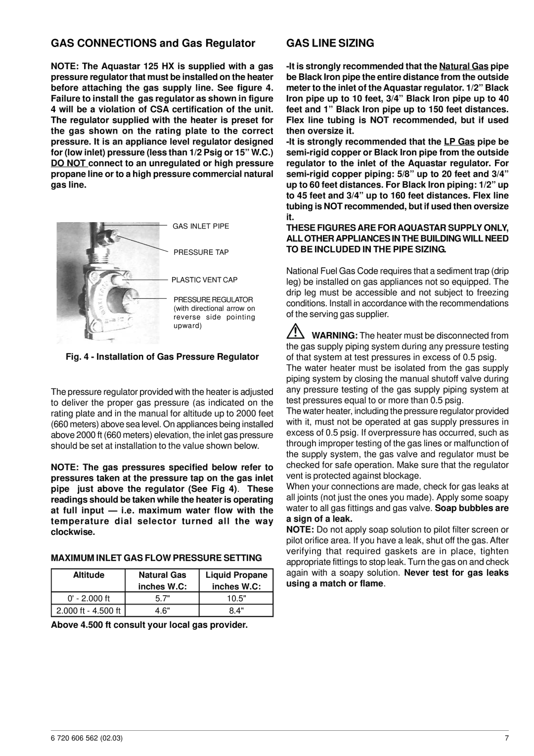 Bosch Appliances 125HX LP GAS Line Sizing, Maximum Inlet GAS Flow Pressure Setting, Altitude Natural Gas Liquid Propane 