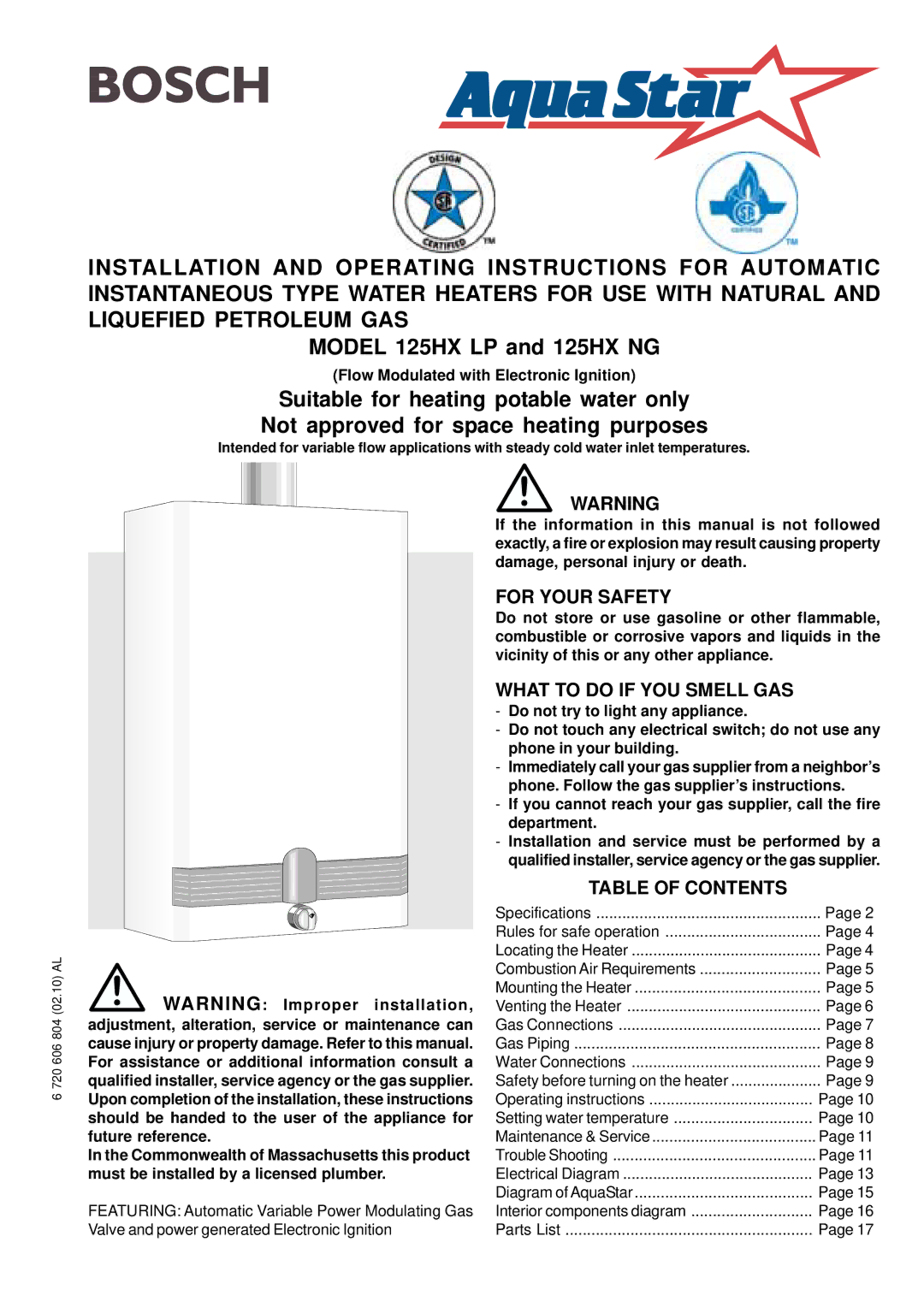 Bosch Appliances 125HX NG specifications For Your Safety, What to do if YOU Smell GAS, Table of Contents 