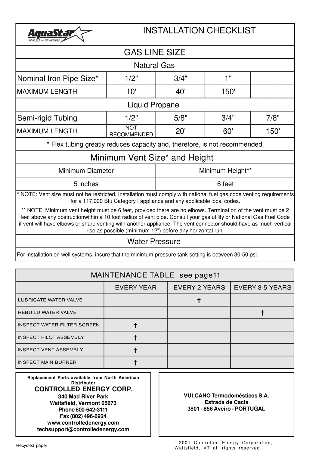 Bosch Appliances 125HX NG specifications Installation Checklist GAS Line Size, Controlled Energy Corp 