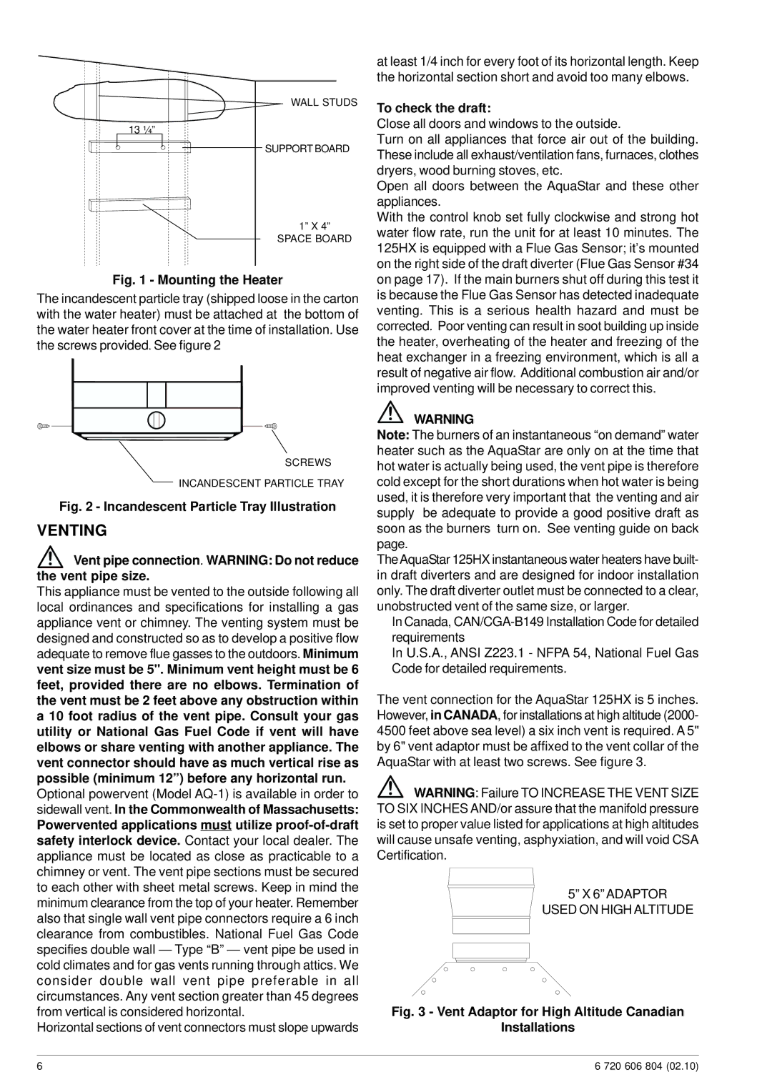 Bosch Appliances 125HX NG specifications Venting, To check the draft 