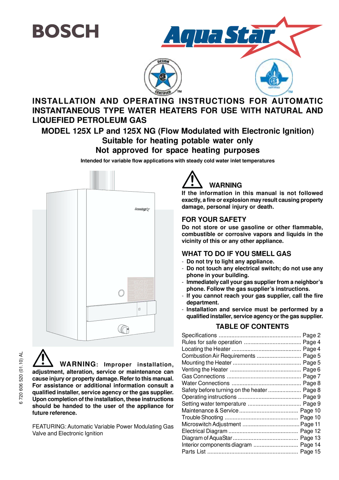 Bosch Appliances 125X LP, 125X NG specifications For Your Safety, What to do if YOU Smell GAS, Table of Contents 