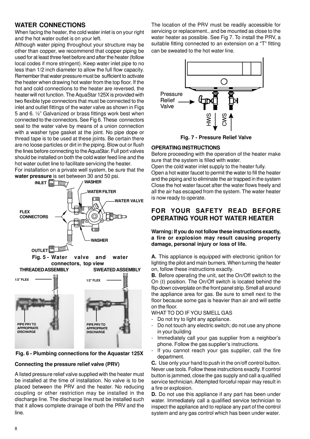 Bosch Appliances 125X NG, 125X LP Water Connections, For Your Safety Read Before Operating Your HOT Water Heater 