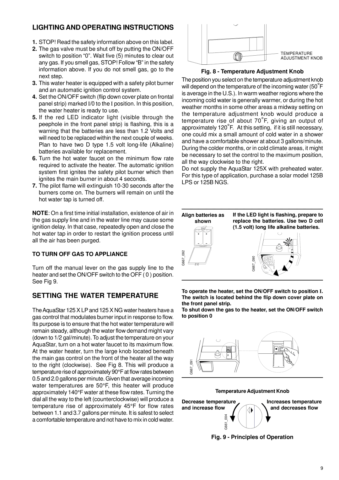 Bosch Appliances 125X LP Lighting and Operating Instructions, Setting the Water Temperature, To Turn OFF GAS to Appliance 