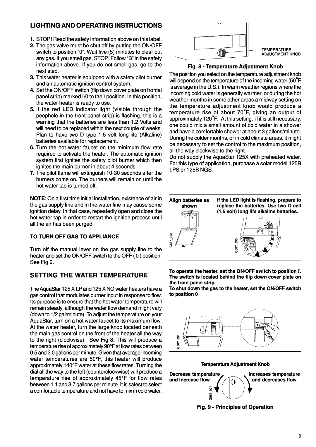 Bosch Appliances 125X LP Lighting And Operating Instructions, Setting The Water Temperature, Temperature Adjustment Knob 