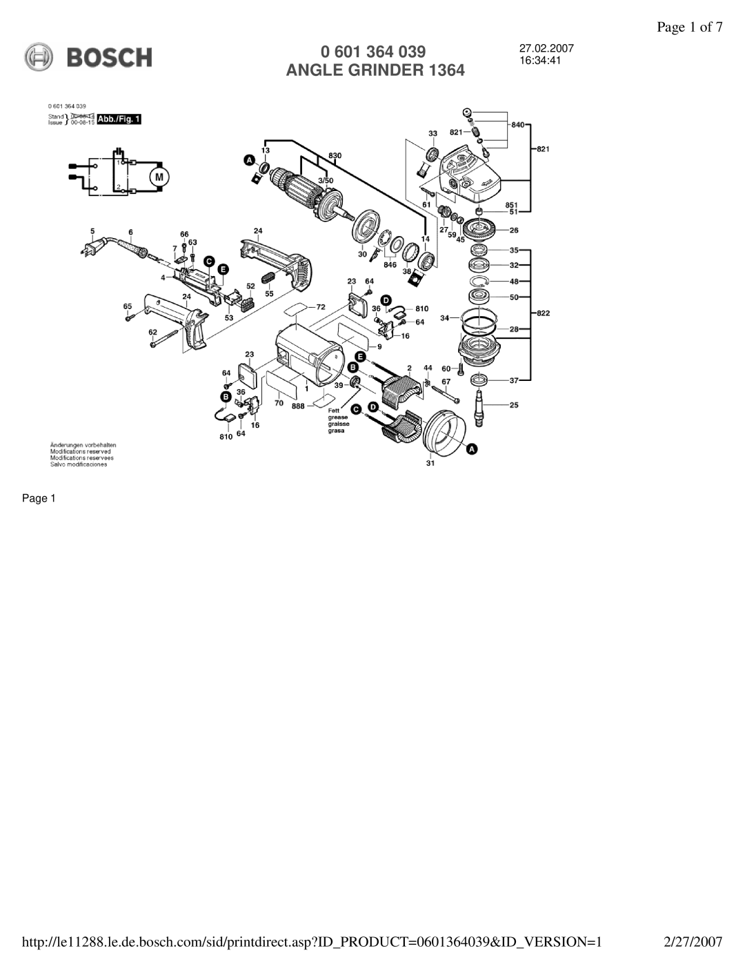 Bosch Appliances 1364 manual 601 364 039 Angle Grinder 