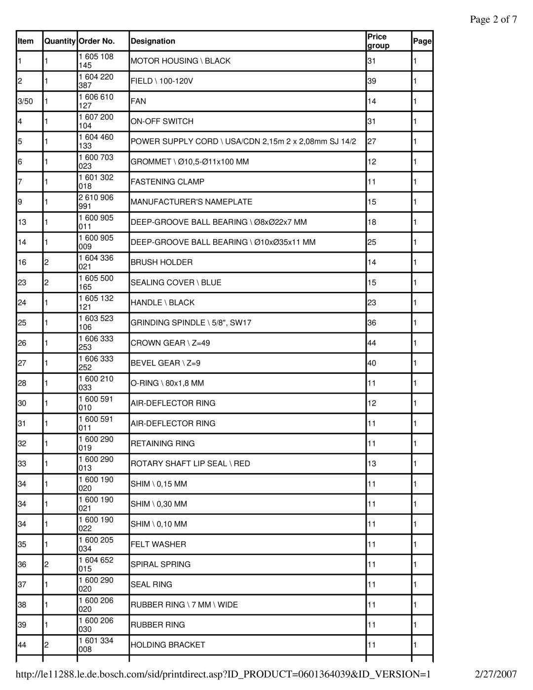 Bosch Appliances 1364 manual Quantity Order No 