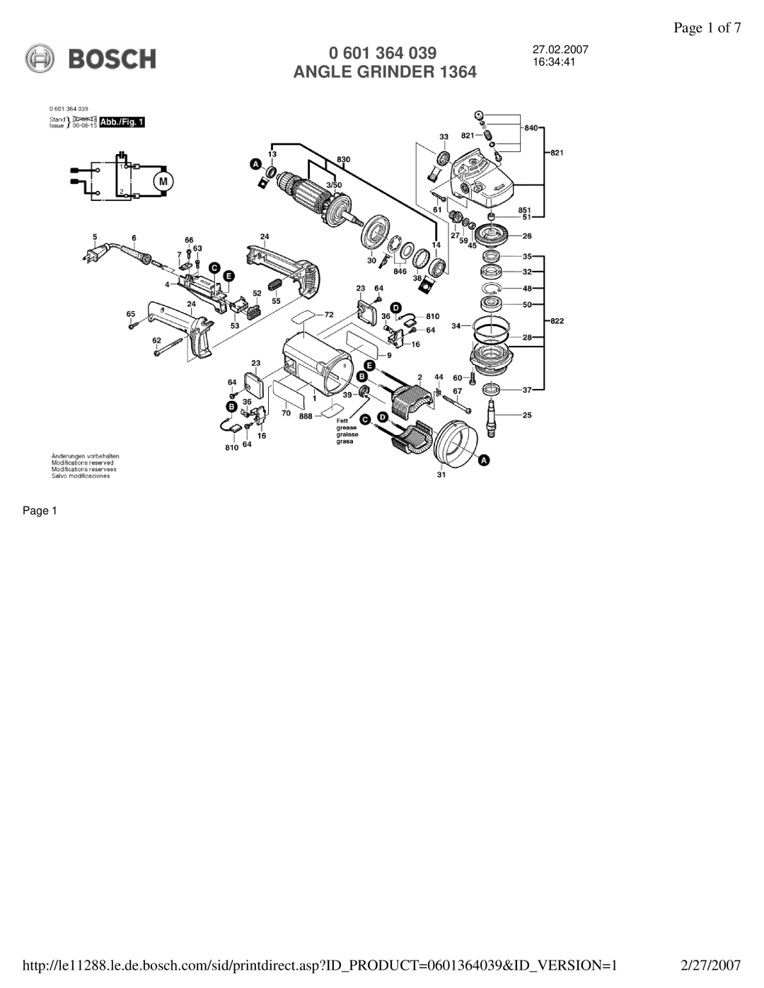 Bosch Appliances 1364 manual Page 1 of, 0 601 364 039 ANGLE GRINDER 