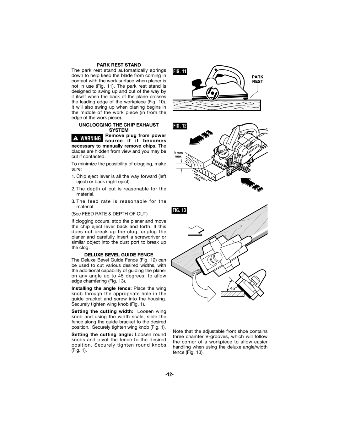 Bosch Appliances 1594 manual Park Rest Stand, Unclogging the Chip Exhaust System, Deluxe Bevel Guide Fence 