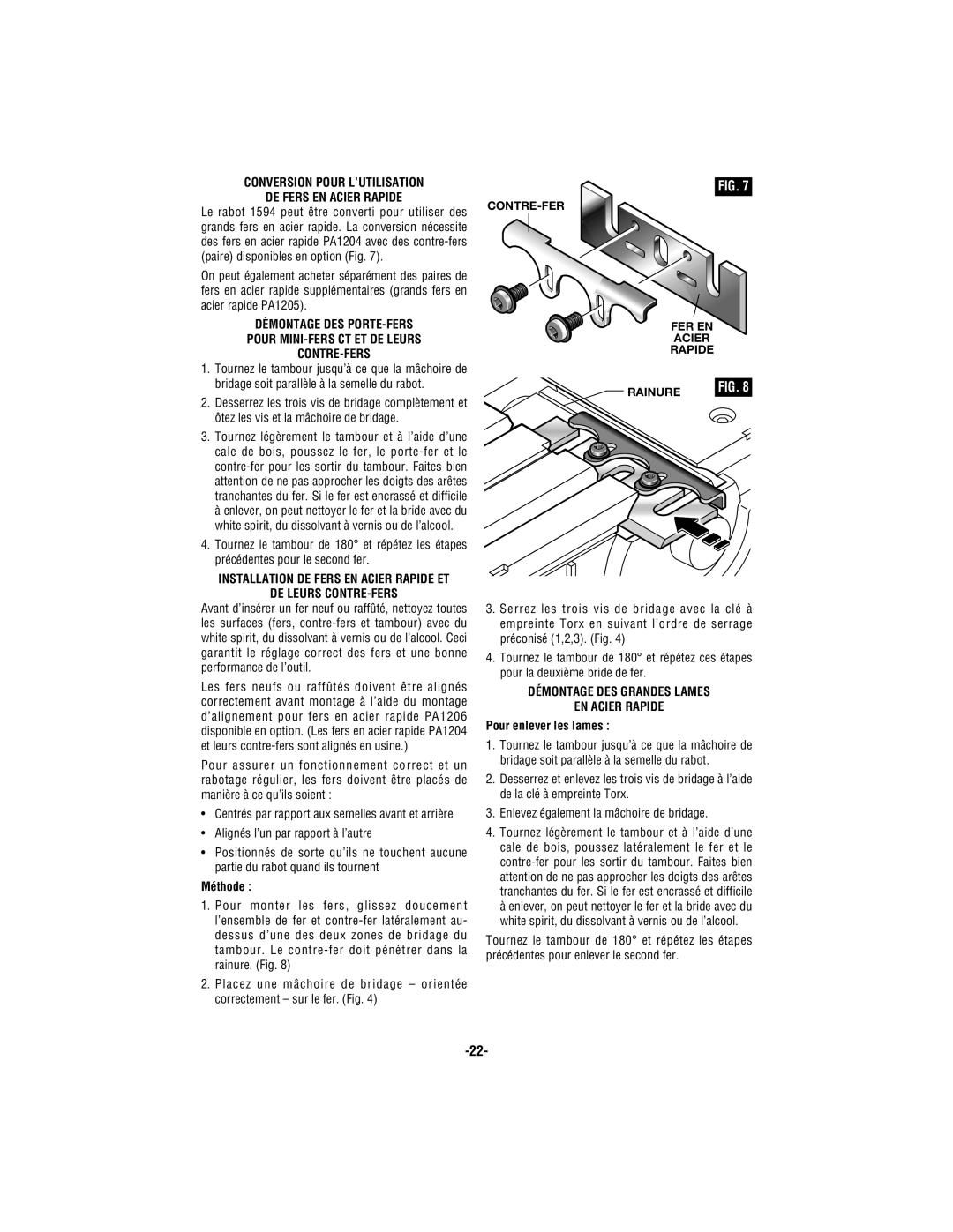 Bosch Appliances 1594 manual Conversion Pour L’UTILISATION DE Fers EN Acier Rapide, DE Leurs CONTRE-FERS, Méthode 