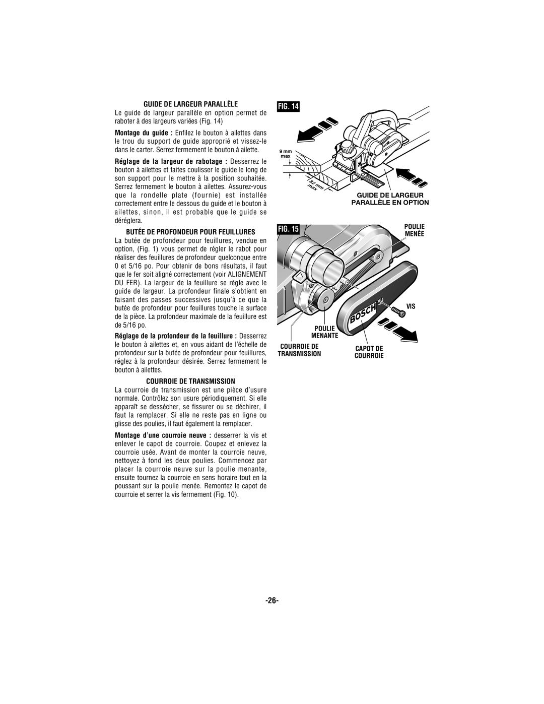 Bosch Appliances 1594 manual Guide DE Largeur Parallèle, Butée DE Profondeur Pour Feuillures, Courroie DE Transmission 