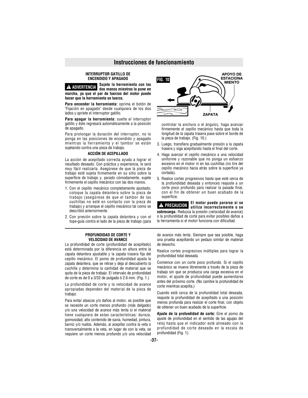 Bosch Appliances 1594 Instrucciones de funcionamiento, Interruptor Gatillo DE Encendido Y Apagado, Acción DE Acepillado 