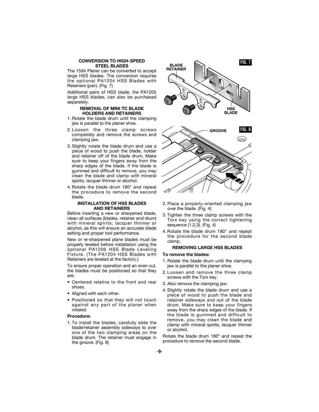 Bosch Appliances 1594 manual Conversion to HIGH-SPEED Steel Blades, Removal of Mini TC Blade Holders and Retainers 