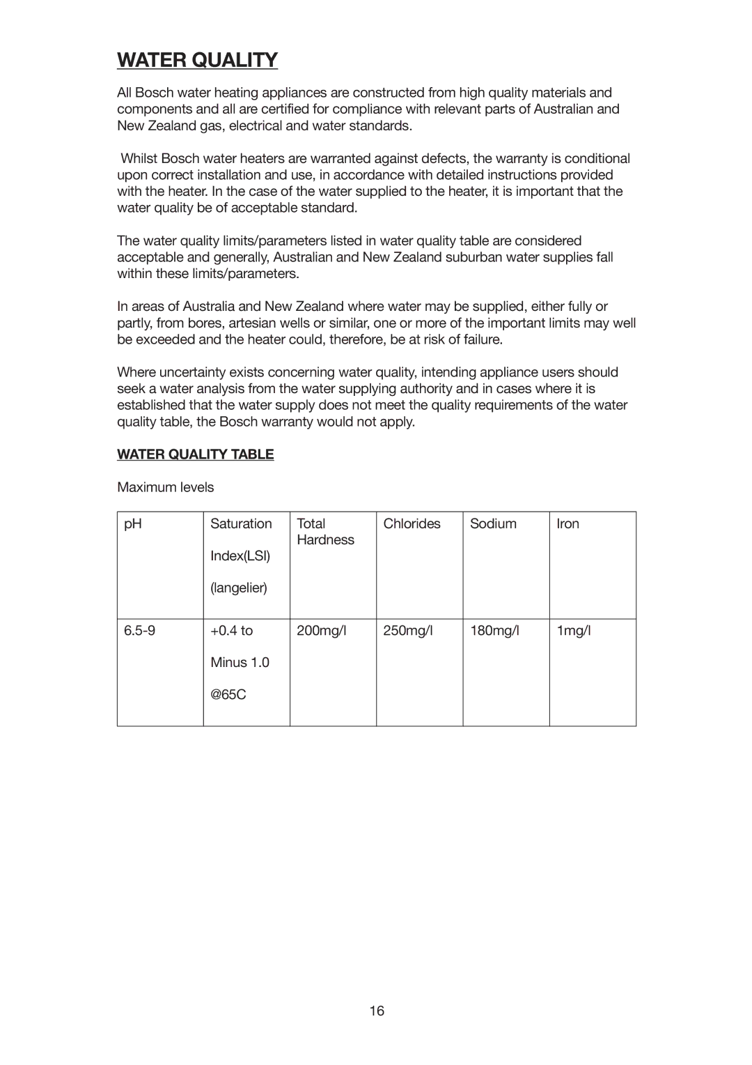 Bosch Appliances 17e installation manual Water Quality Table 