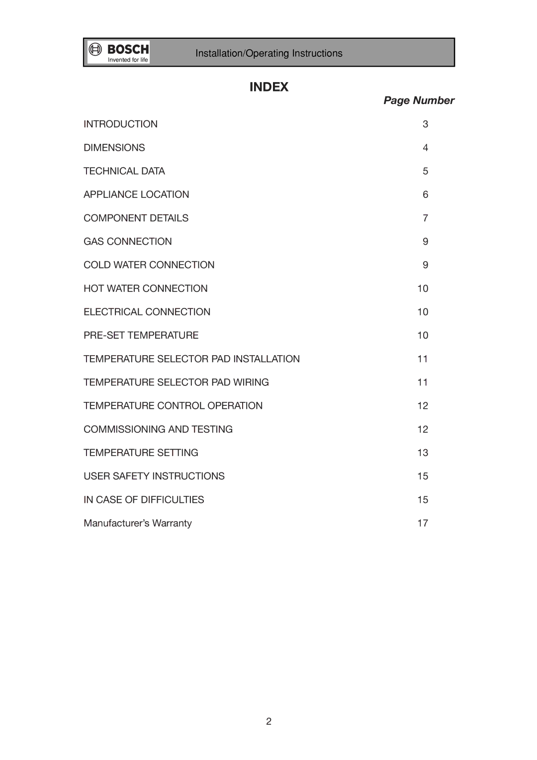 Bosch Appliances 17e installation manual Index, Number 