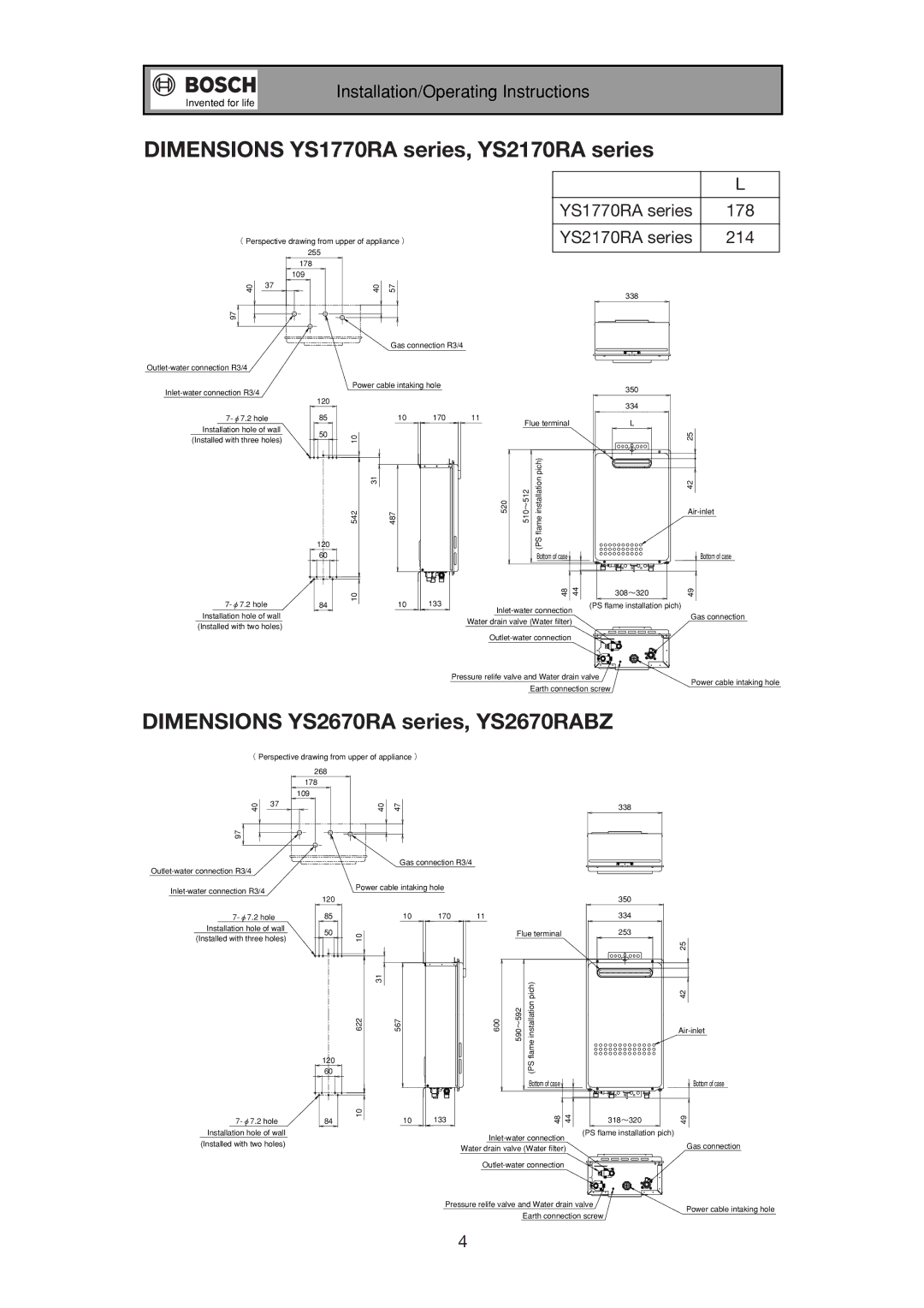 Bosch Appliances 17e installation manual Dimensions YS1770RA series, YS2170RA series 