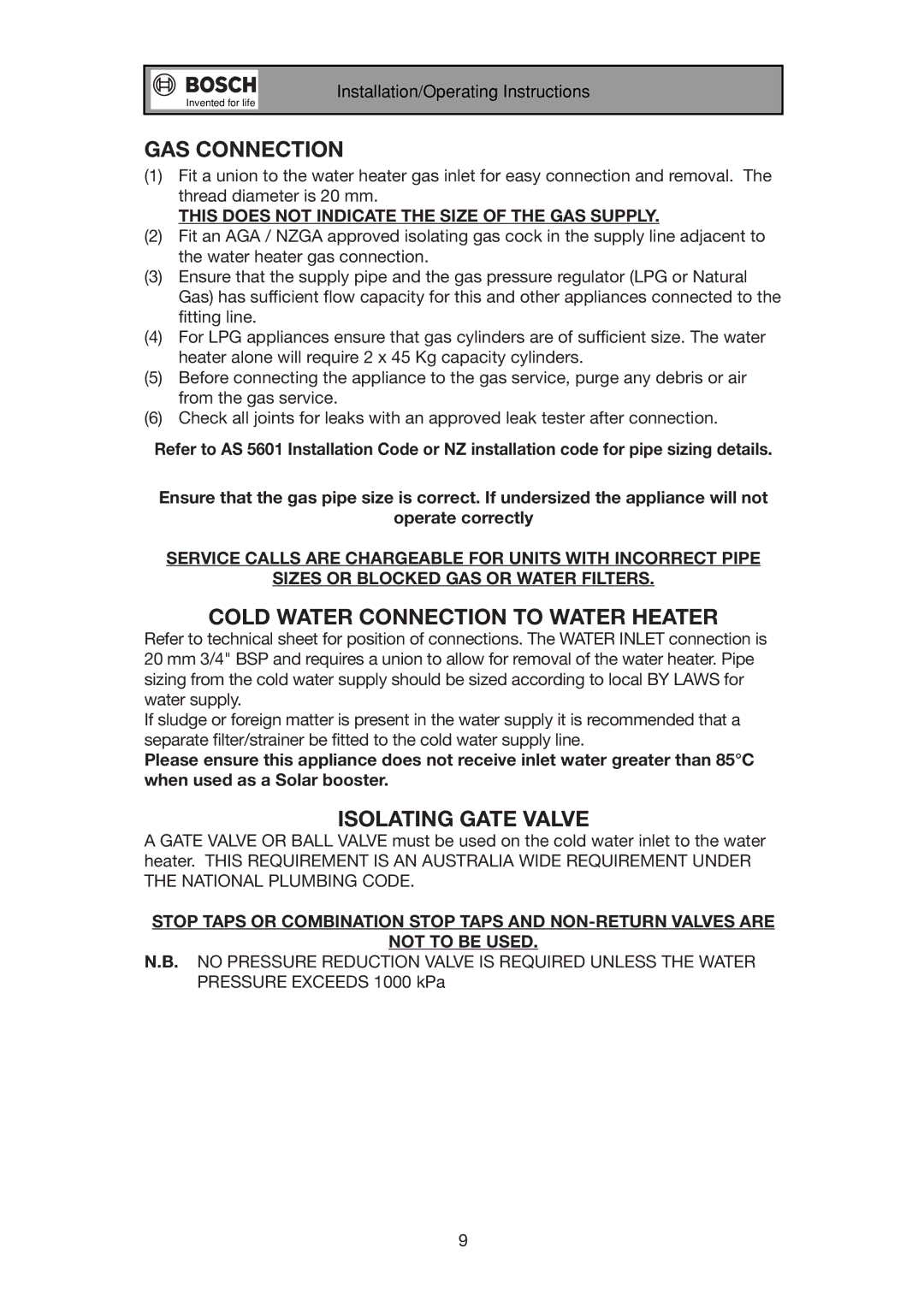 Bosch Appliances 17e installation manual GAS Connection, Cold Water Connection to Water Heater, Isolating Gate Valve 