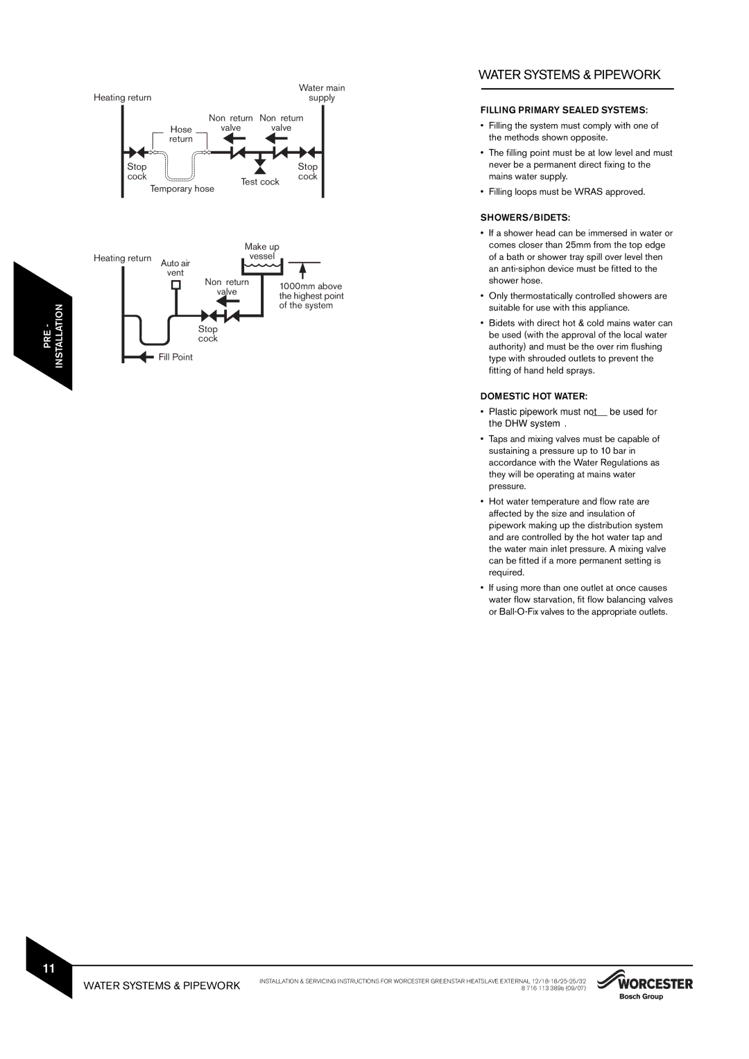 Bosch Appliances 18/25, 25/32kW, 12/18 instruction manual Filling Primary Sealed Systems, Showers/Bidets, Domestic HOT Water 