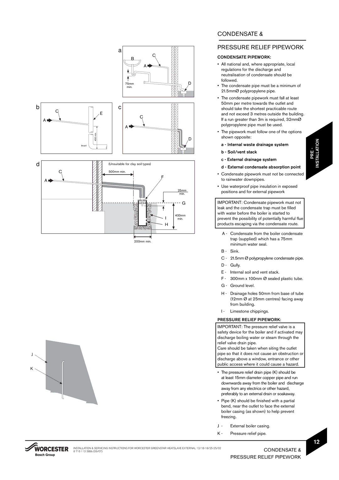 Bosch Appliances 25/32kW, 18/25, 12/18 instruction manual Condensate Pressure Relief Pipework, Condensate Pipework 