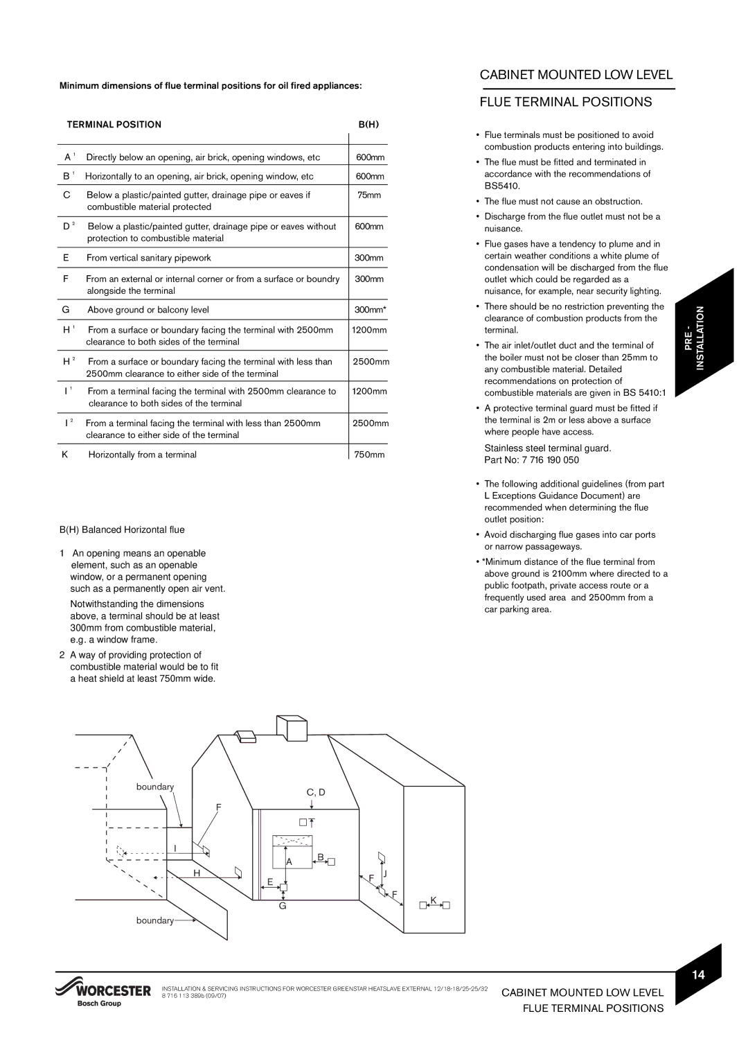 Bosch Appliances 18/25, 25/32kW, 12/18 instruction manual Cabinet Mounted LOW Level Flue Terminal Positions 