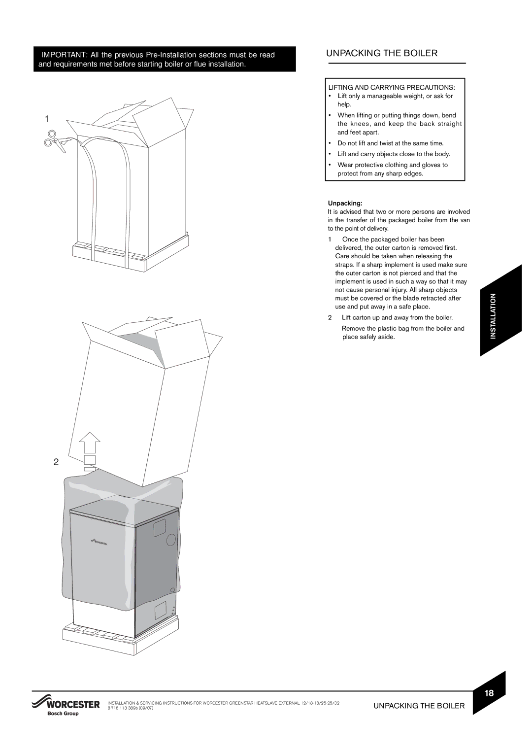 Bosch Appliances 25/32kW, 18/25, 12/18 instruction manual Unpacking the Boiler, Lifting and Carrying Precautions 