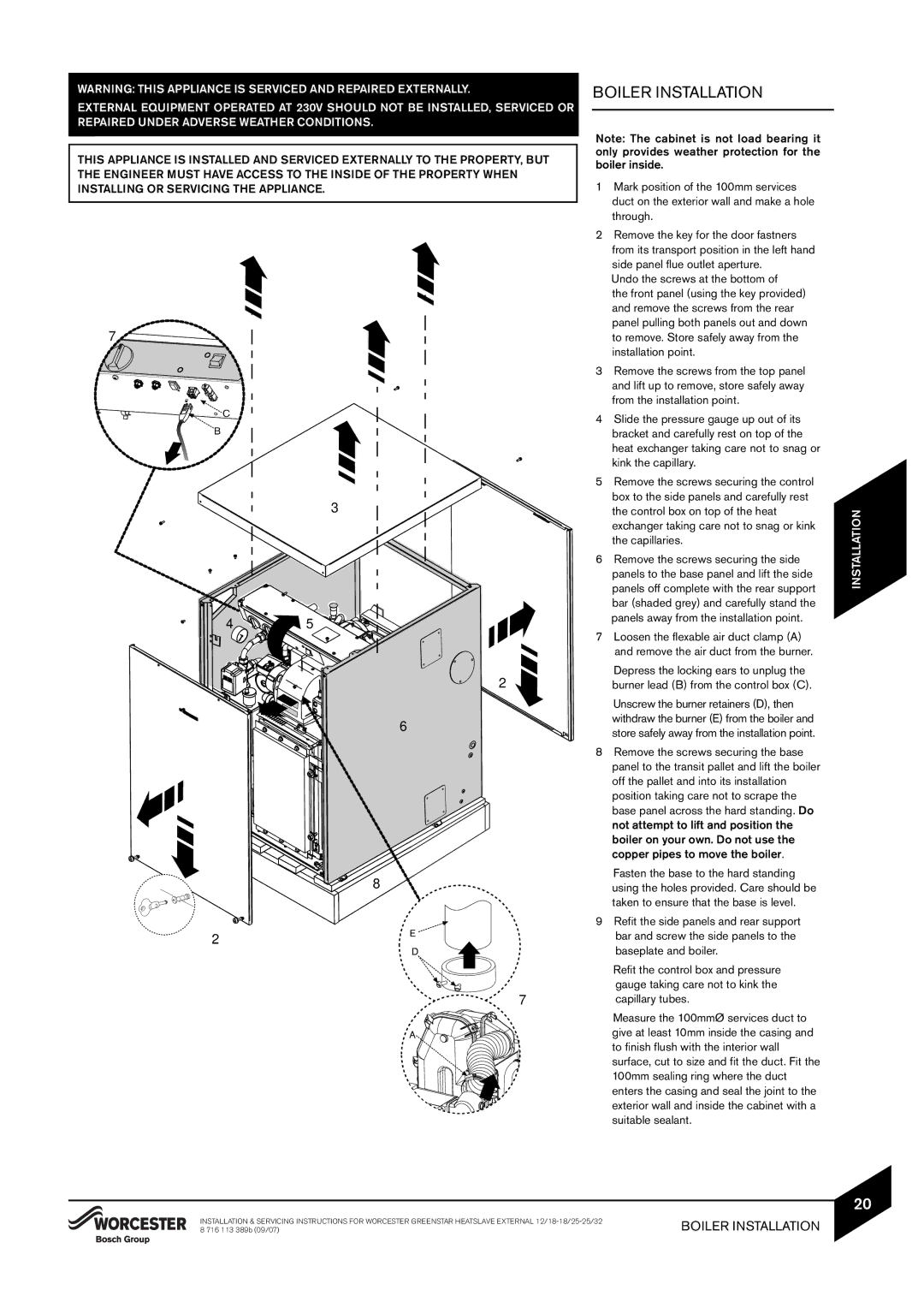 Bosch Appliances 18/25, 25/32kW, 12/18 instruction manual Boiler Installation 