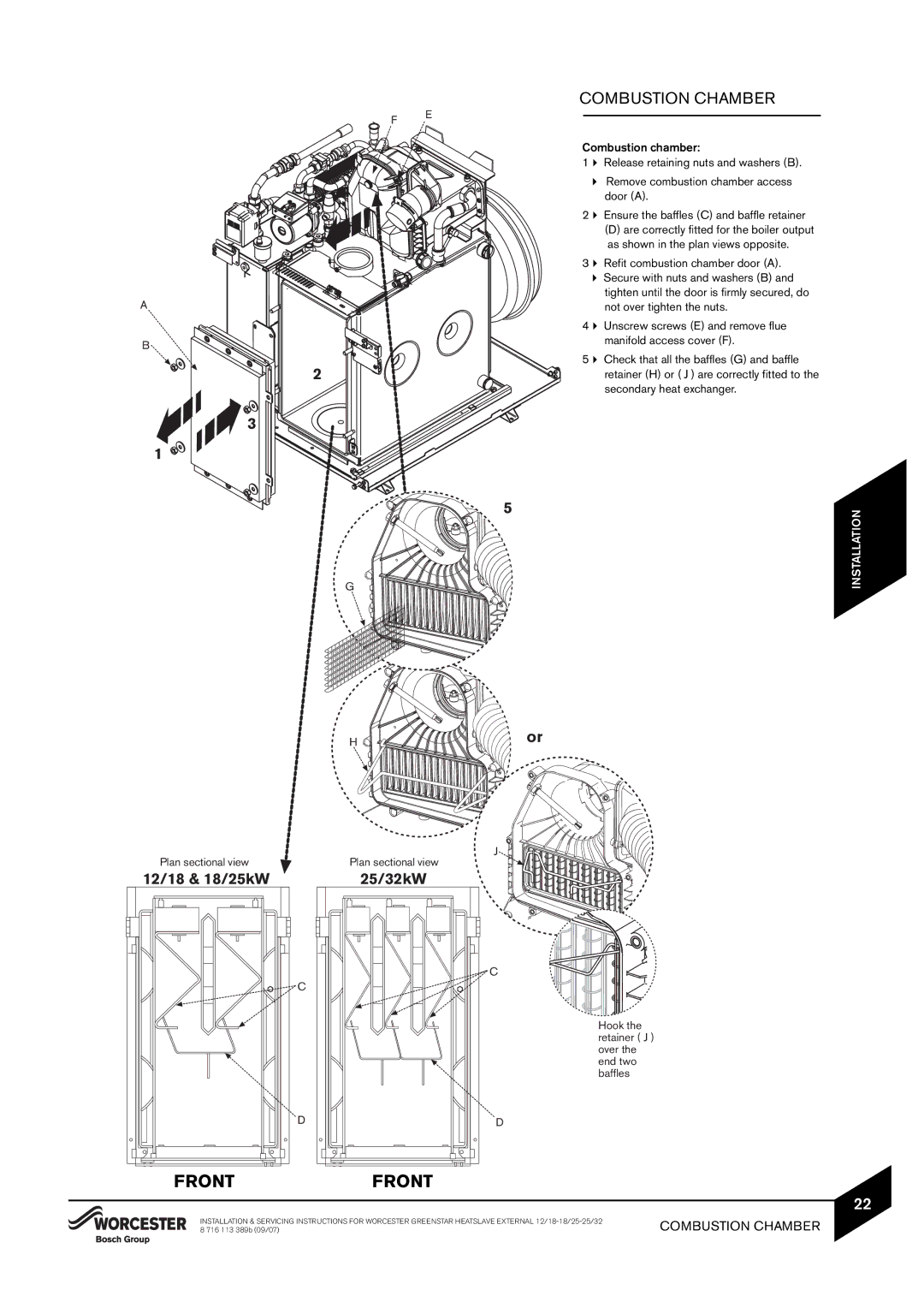 Bosch Appliances 12/18, 18/25 Combustion Chamber, Hor Plan sectional view, Hook the retainer J over the end two baffles 