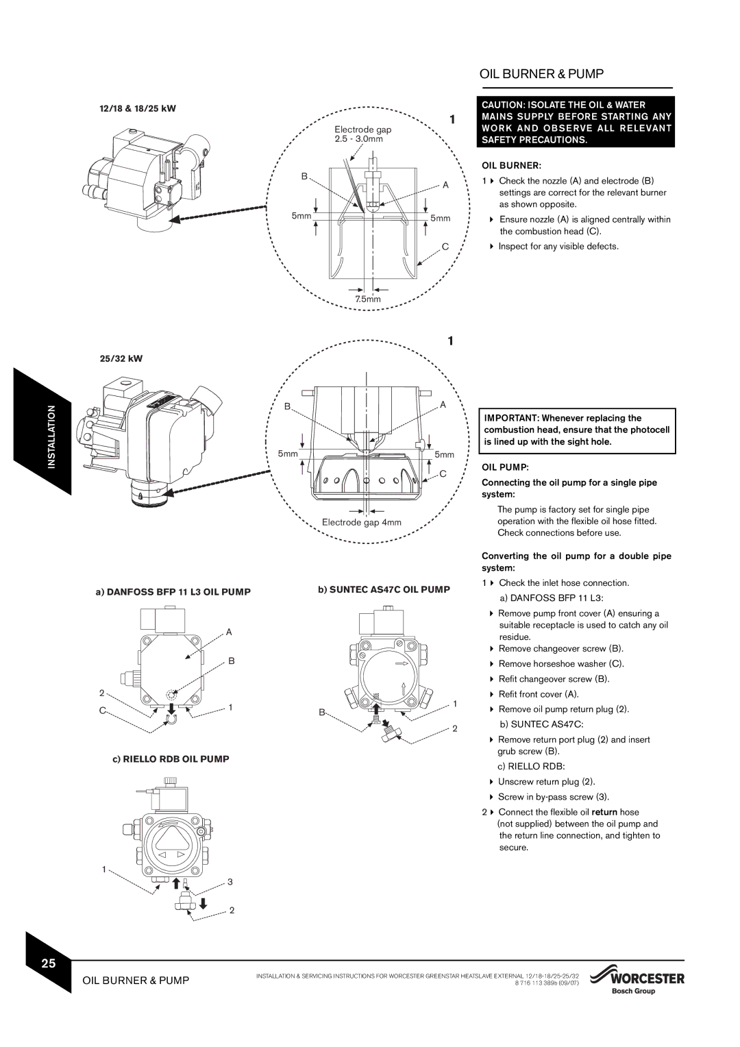 Bosch Appliances 12/18, 18/25, 25/32kW instruction manual OIL Burner & Pump, OIL Pump 