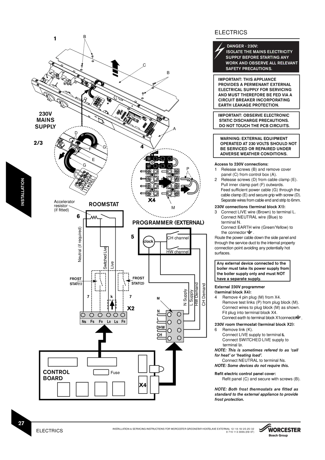 Bosch Appliances 25/32kW, 18/25, 12/18 instruction manual Mains, Programmer External Electrics, Board 