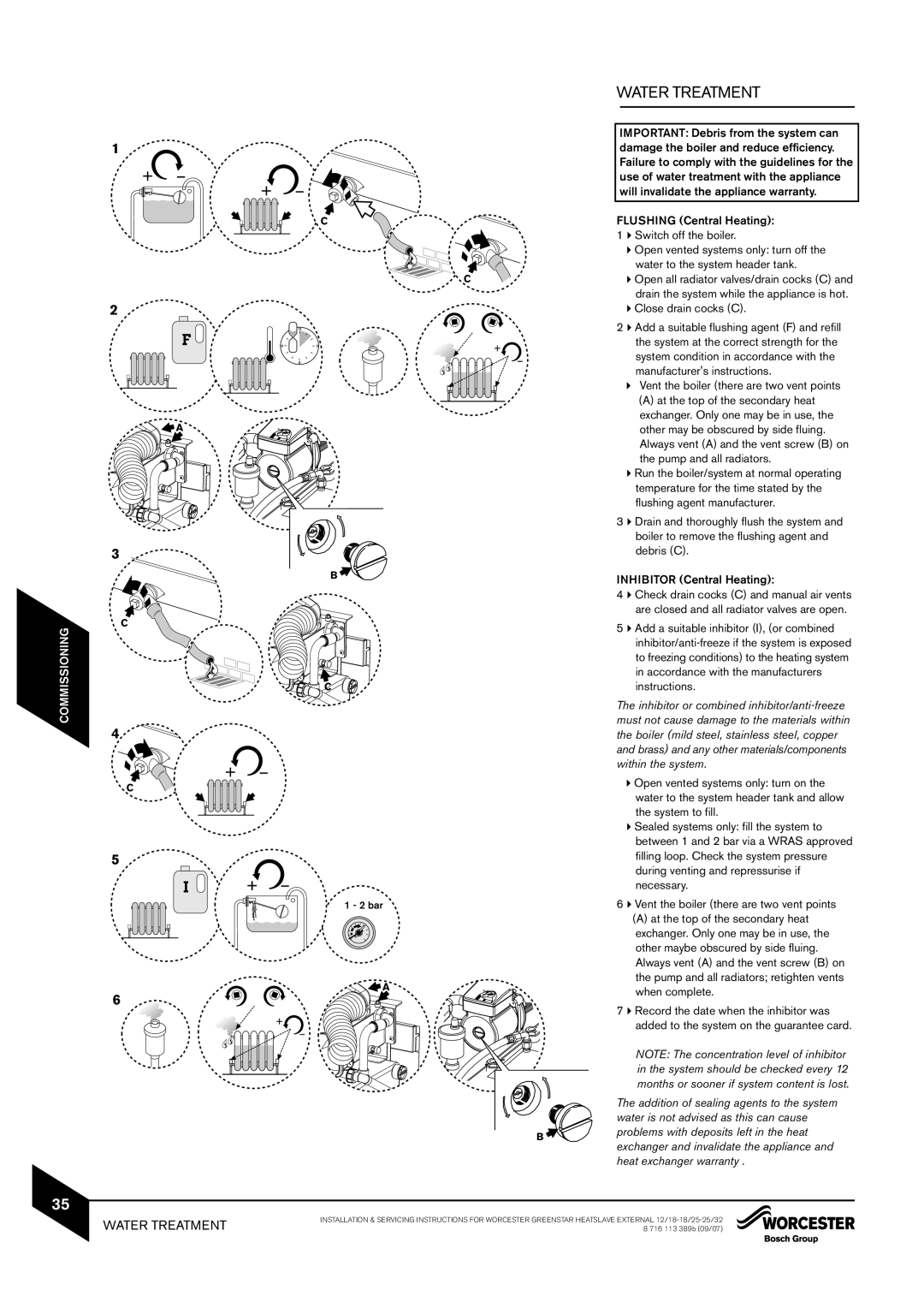 Bosch Appliances 18/25, 25/32kW, 12/18 instruction manual Water Treatment, Pump and all radiators 