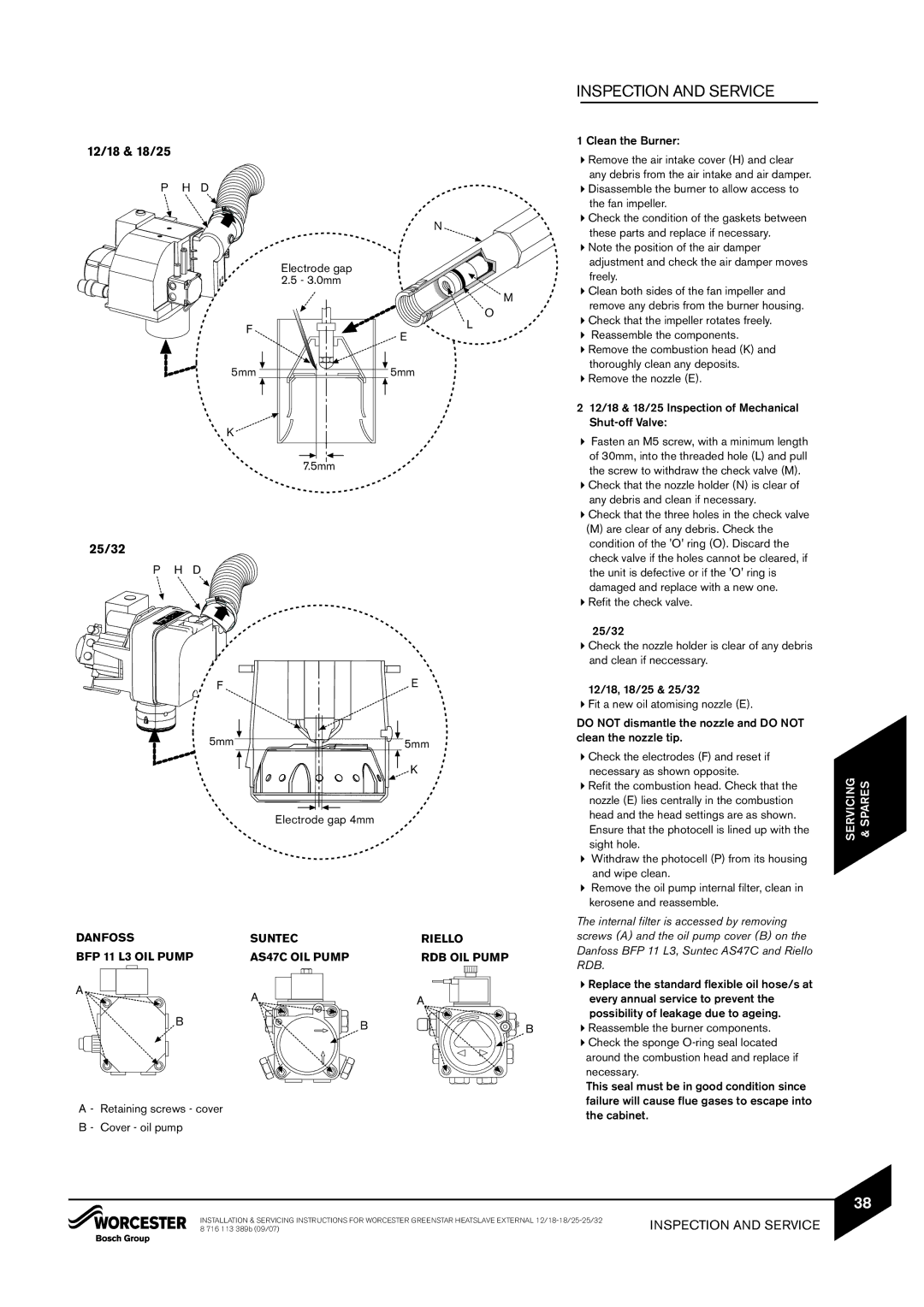 Bosch Appliances 18/25 Clean the Burner, Fan impeller, These parts and replace if necessary, Freely, Remove the nozzle E 