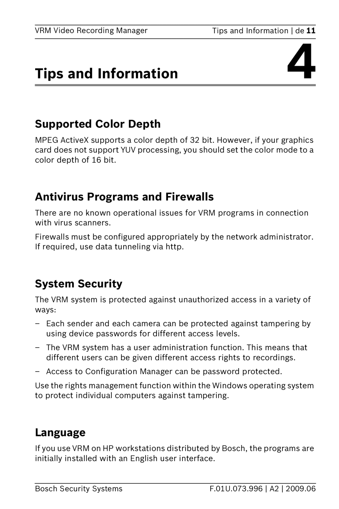 Bosch Appliances 2 manual Tips and Information, Supported Color Depth, Antivirus Programs and Firewalls, System Security 