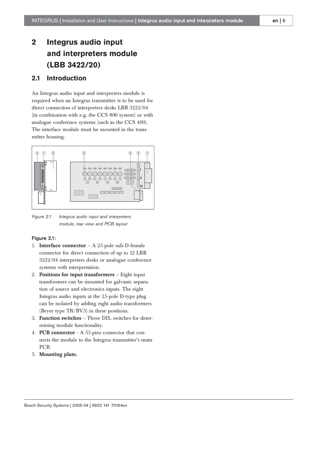 Bosch Appliances LBB 3222 manual Integrus audio input and interpreters module LBB 3422/20, Introduction 