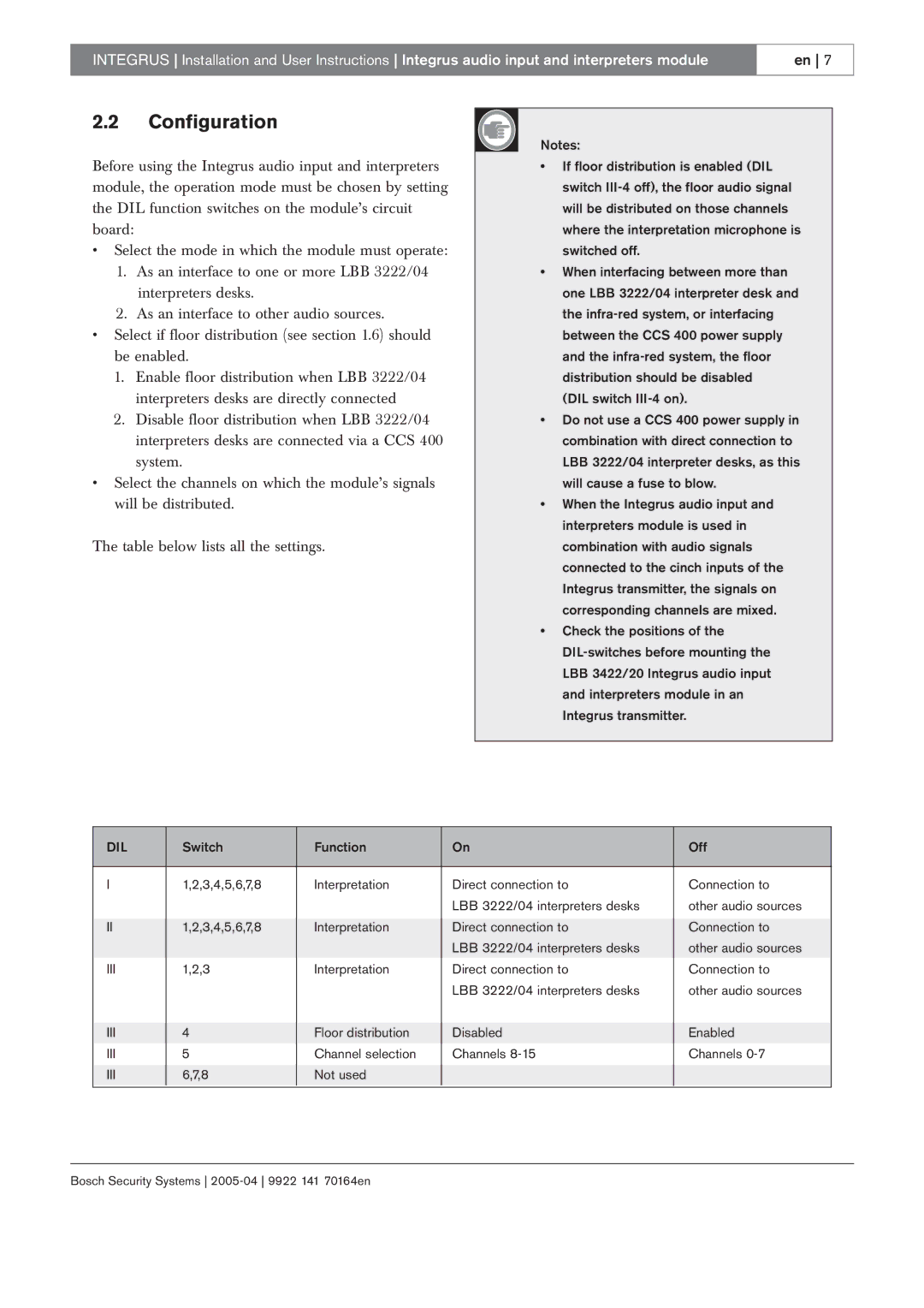 Bosch Appliances LBB 3222, 20, LBB 3422 manual Configuration, Dil 