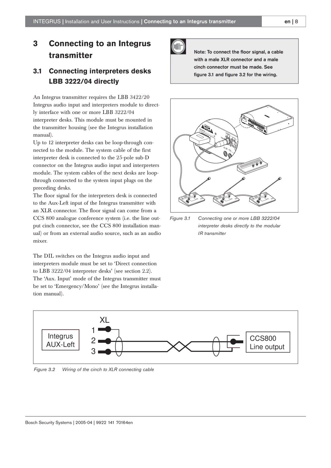 Bosch Appliances 20, LBB 3422 Connecting to an Integrus Transmitter, Connecting interpreters desks, LBB 3222/04 directly 