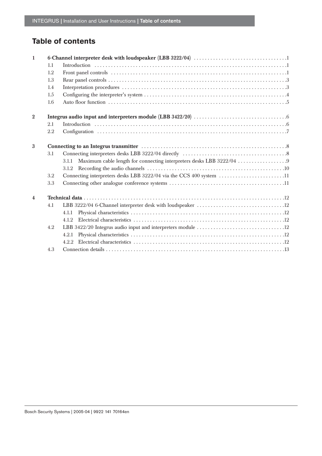 Bosch Appliances LBB 3222, 20, LBB 3422 manual Table of contents 