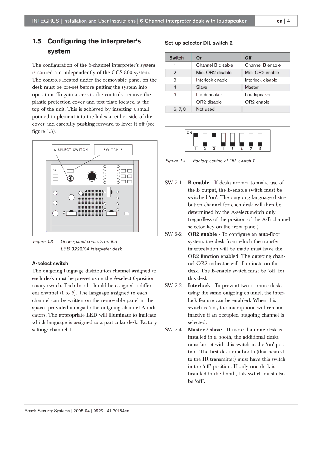 Bosch Appliances 20, LBB 3422, LBB 3222 manual Configuring the interpreter’s system, Set-up selector DIL switch 