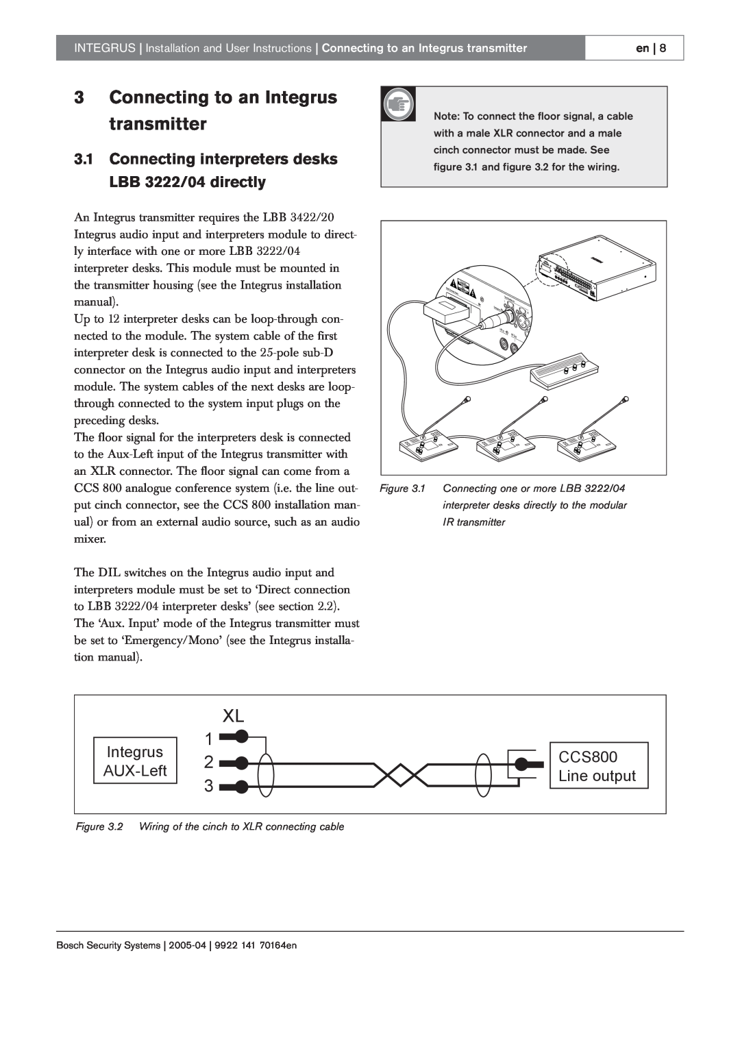 Bosch Appliances 20, LBB 3422, LBB 3222 manual 3Connecting to an Integrus, transmitter, CCS800, AUX-Left, Line output, en 