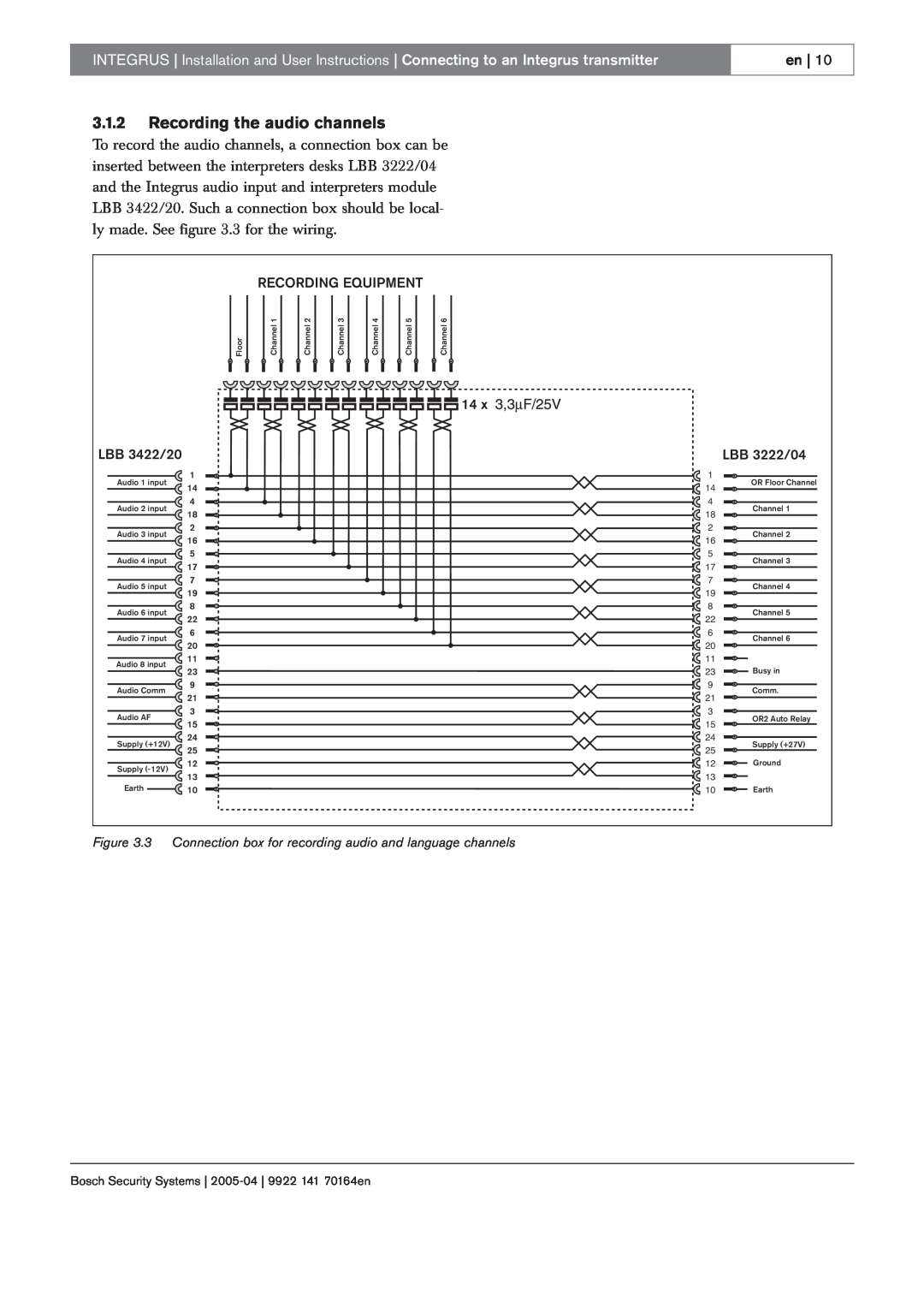 Bosch Appliances manual 3.1.2Recording the audio channels, Recording Equipment, LBB 3422/20, LBB 3222/04 
