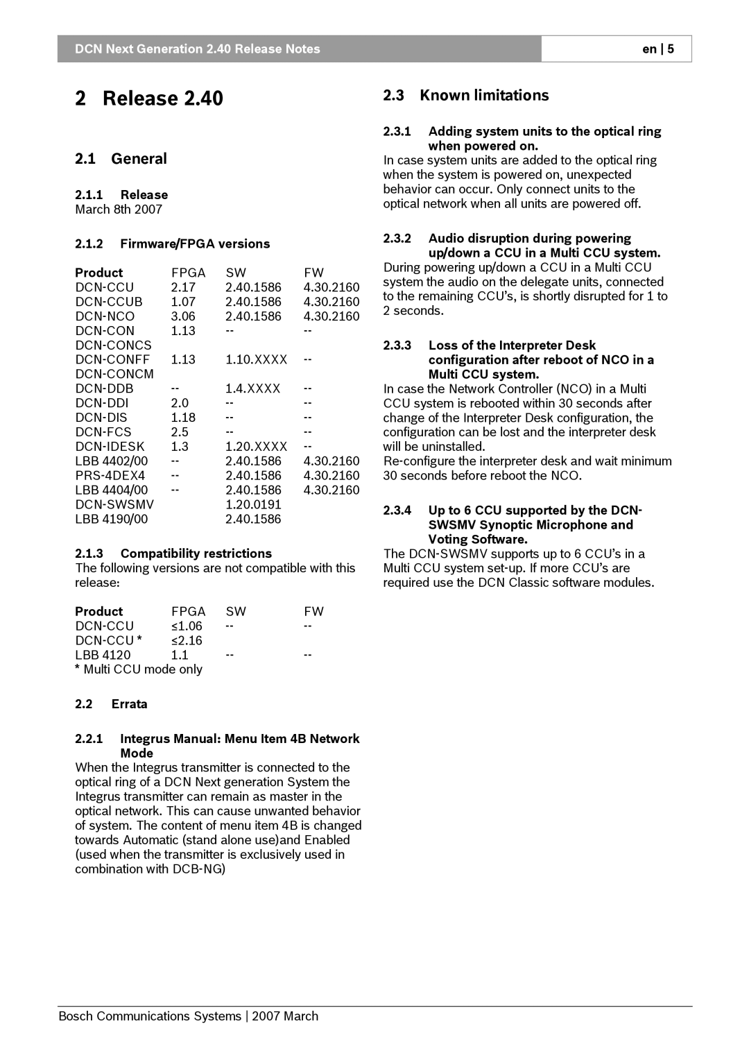 Bosch Appliances 2.4 manual Release March 8th Firmware/FPGA versions Product, Compatibility restrictions 