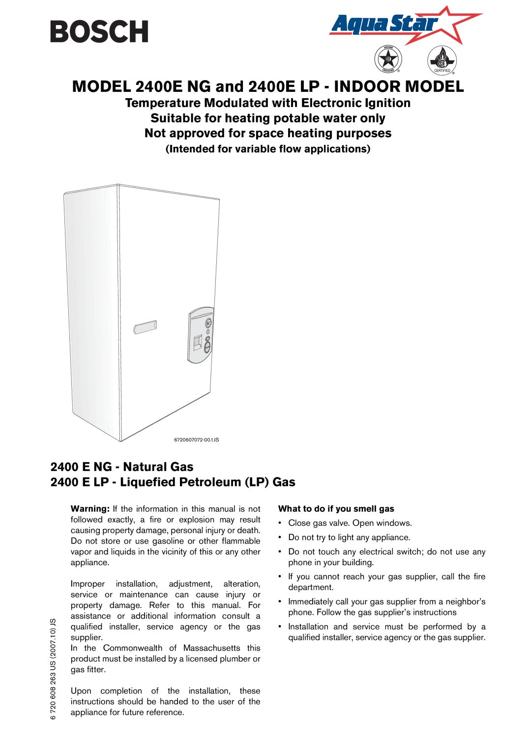 Bosch Appliances 2400E LP manual NG Natural Gas LP Liquefied Petroleum LP Gas, Intended for variable flow applications 