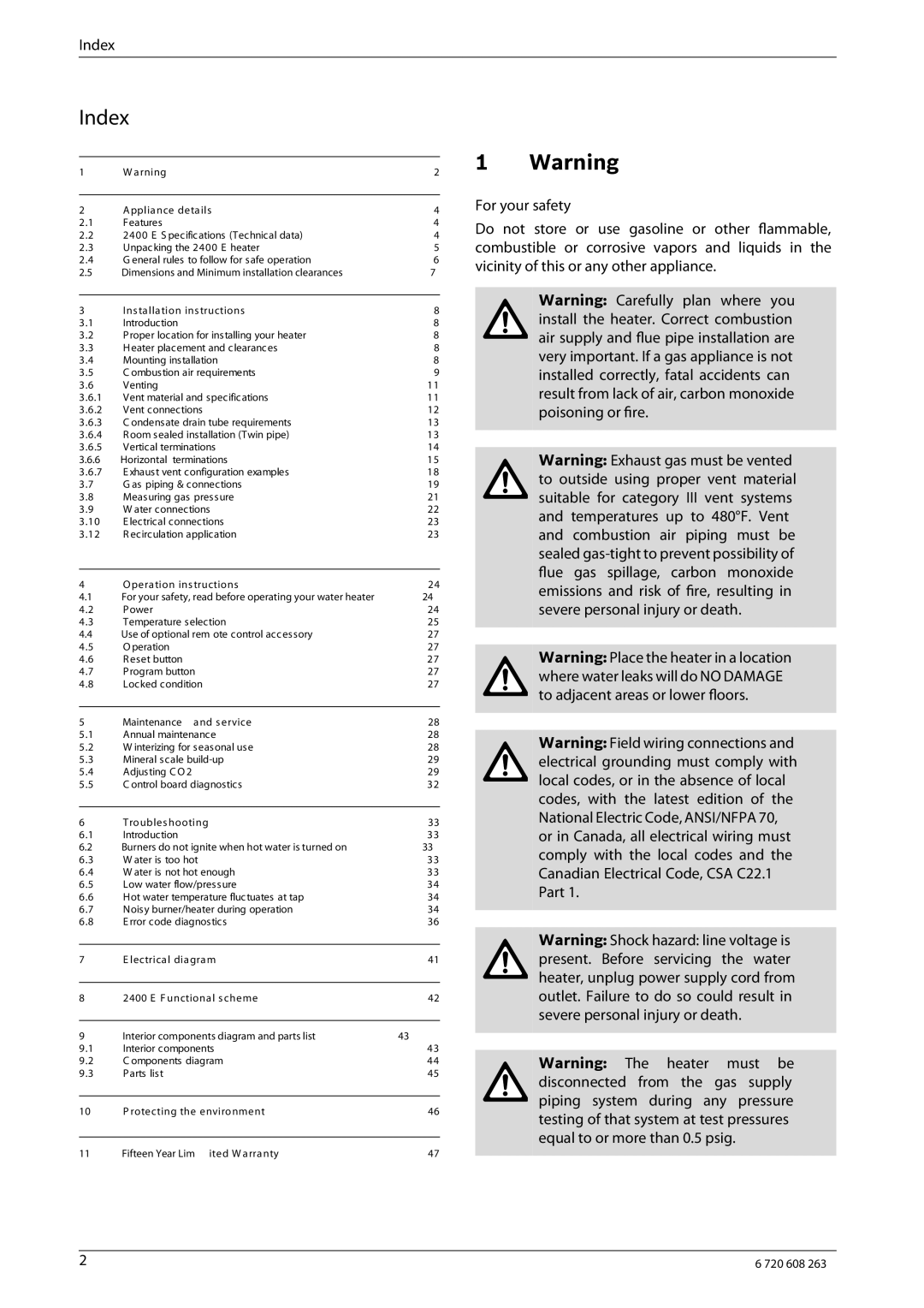 Bosch Appliances 2400E NG, 2400E LP manual Index, For your safety 