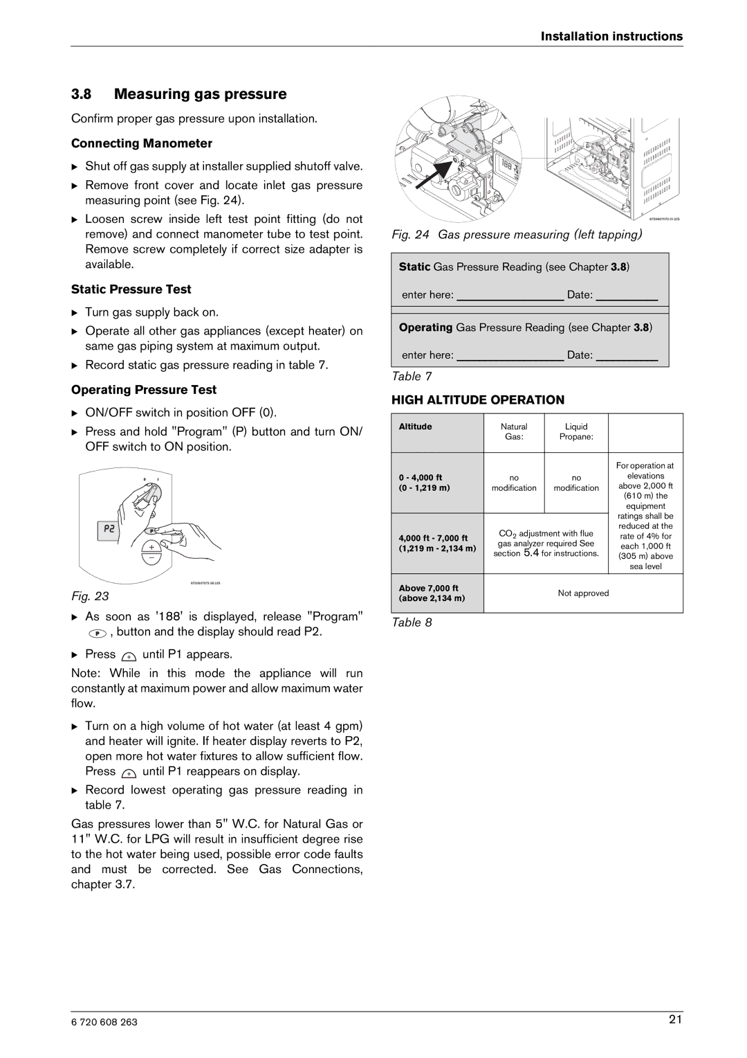 Bosch Appliances 2400E LP Measuring gas pressure, Connecting Manometer, Static Pressure Test, Operating Pressure Test 